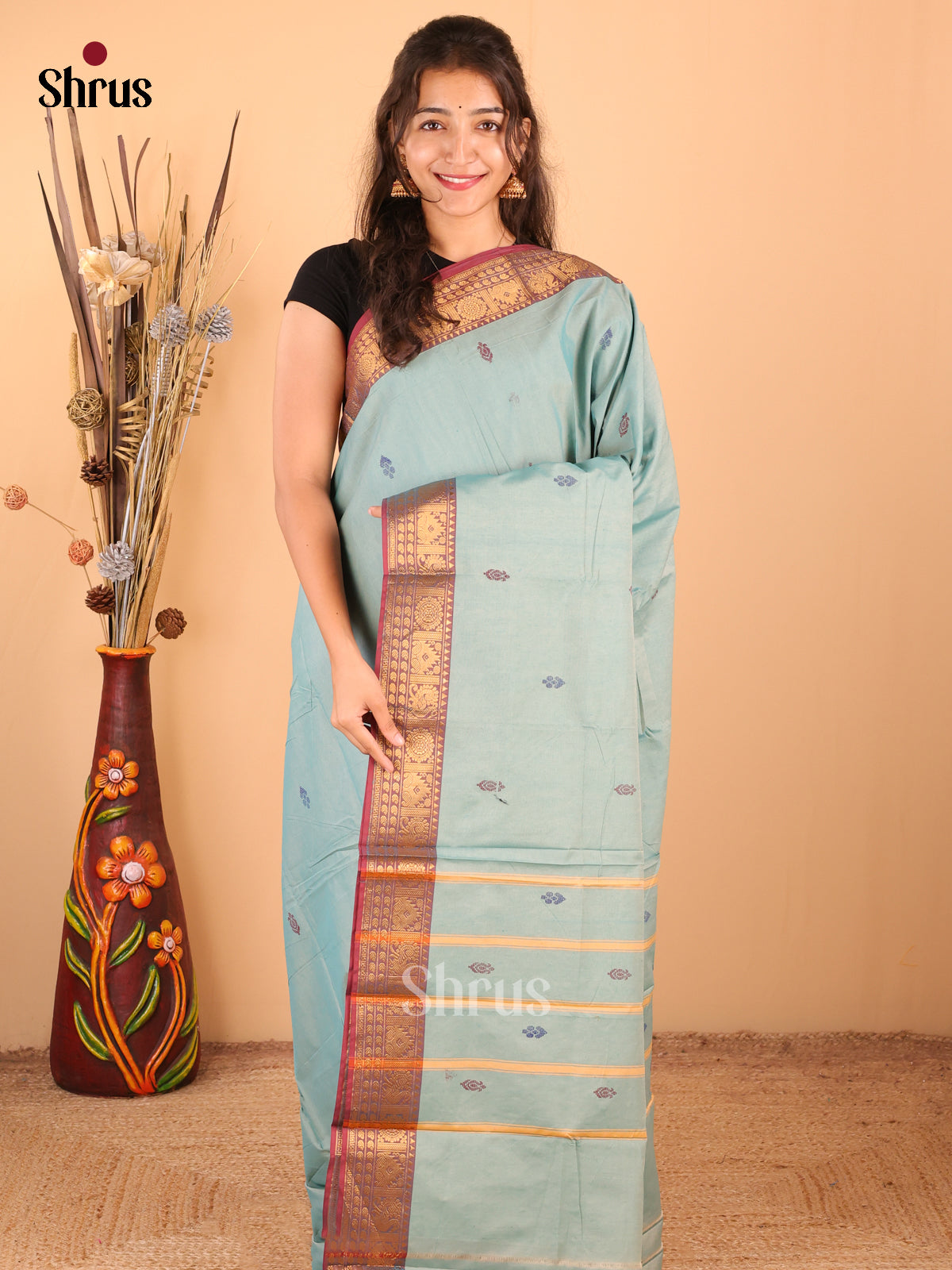 Blue with Maroon - DDS18336 - Chettinad Mix Cotton Saree - Shop on Shrus.com