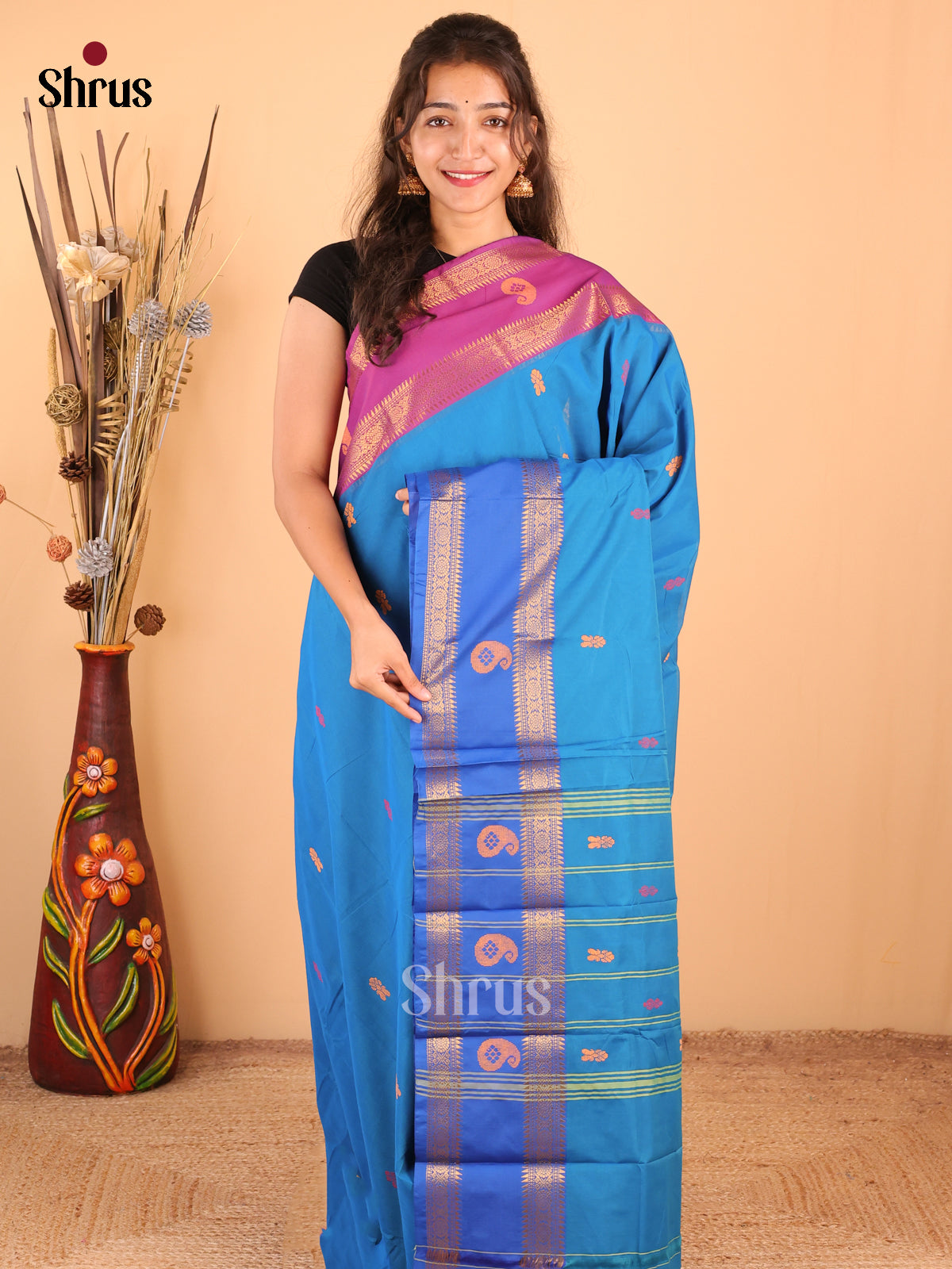 Blue with Purple - DDS18339 - Chettinad Mix Cotton Saree - Shop on Shrus.com