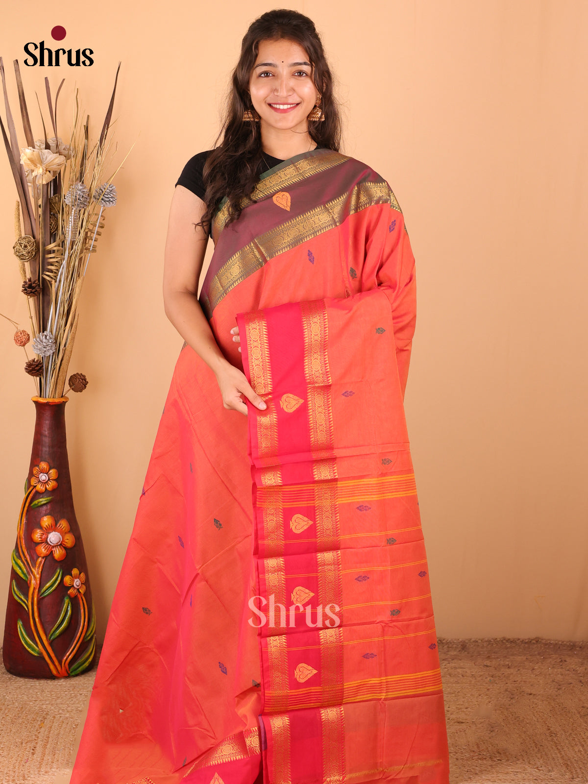 Orange with Pink - DDS18341 - Chettinad Mix Cotton Saree - Shop on Shrus.com