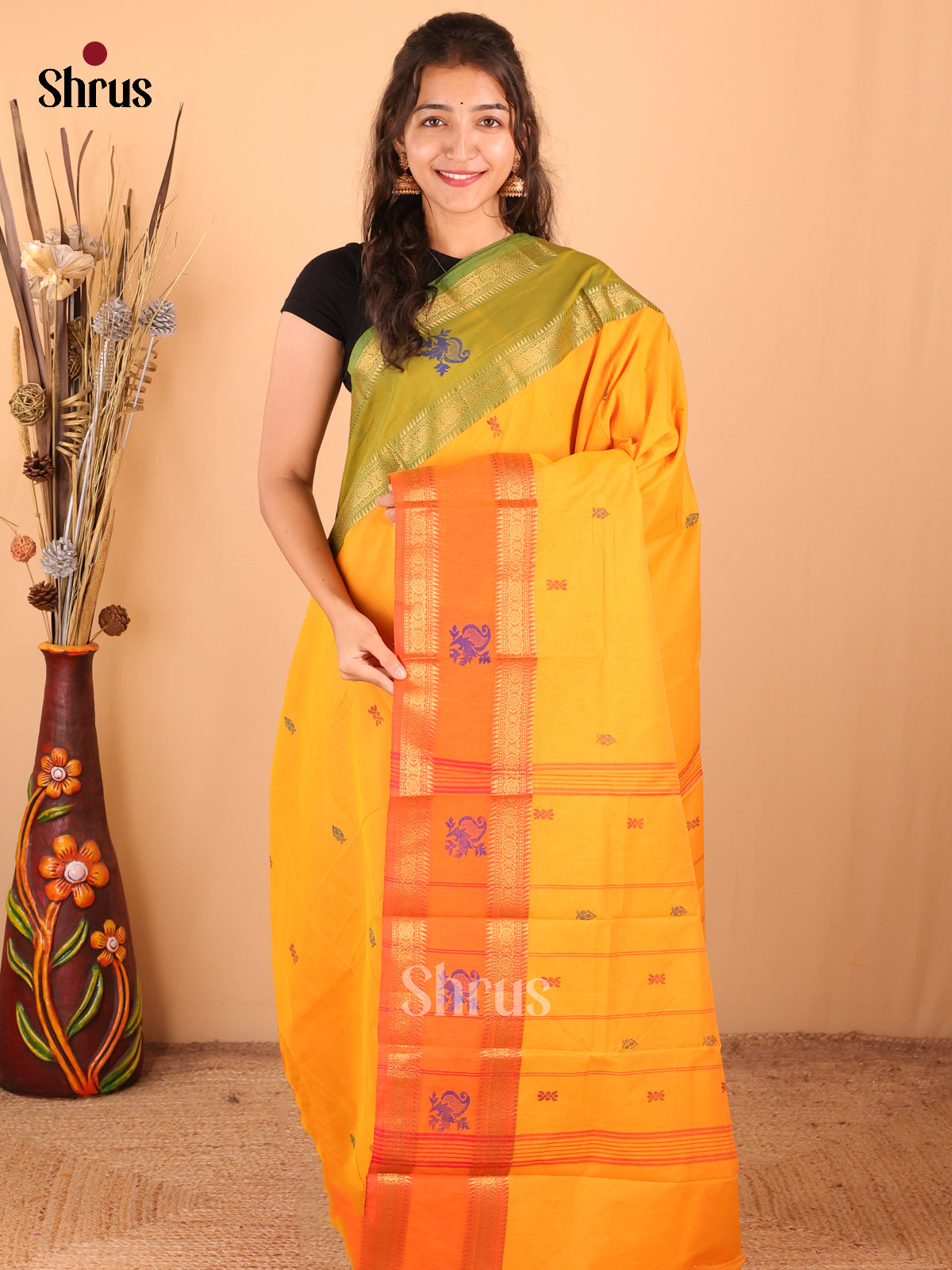 Mustard with Orange - DDS18344 - Chettinad Mix Cotton Saree - Shop on Shrus.com