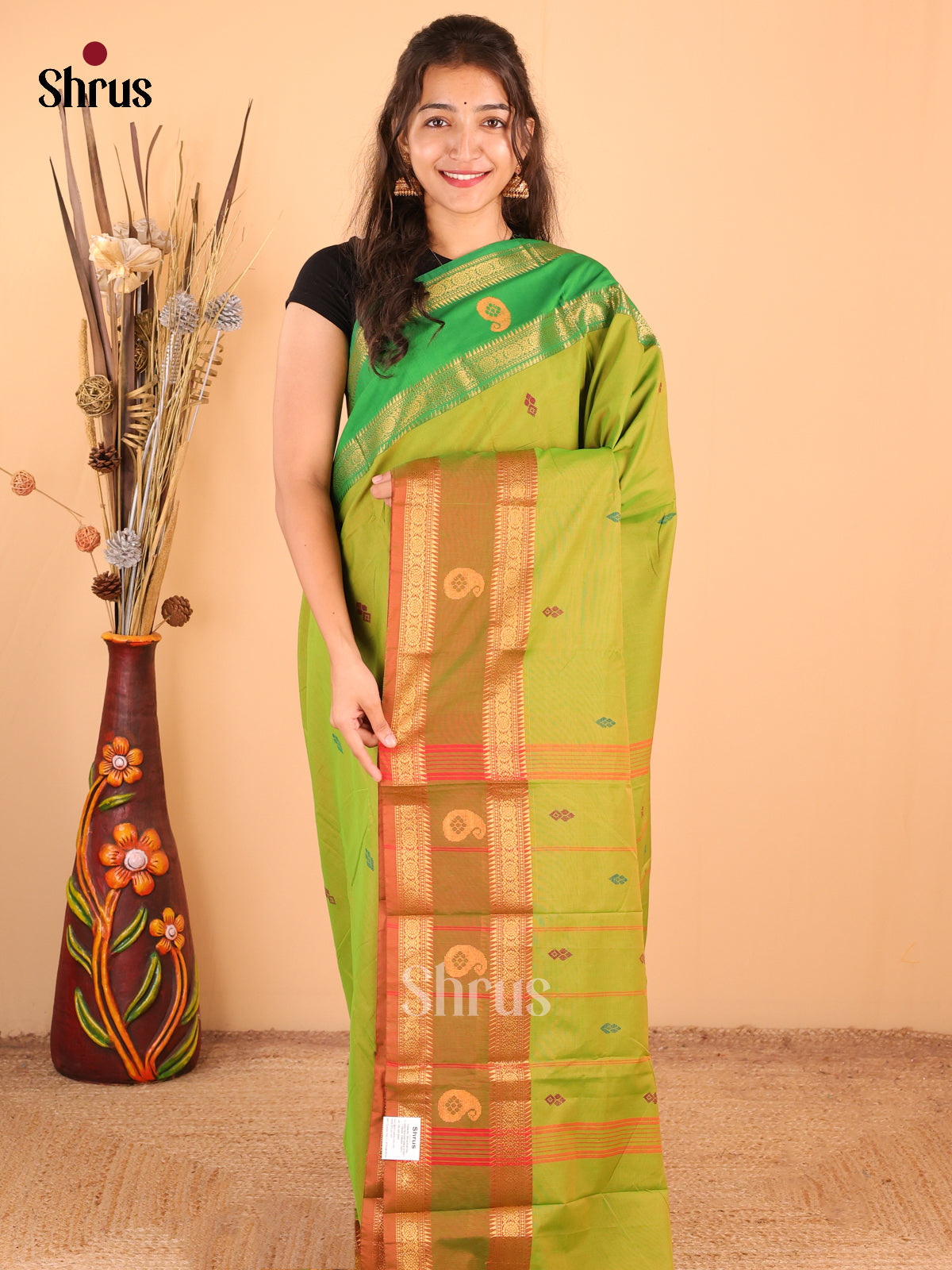Green with Brown -DDS18346 - Chettinad Mix Cotton Saree - Shop on Shrus.com