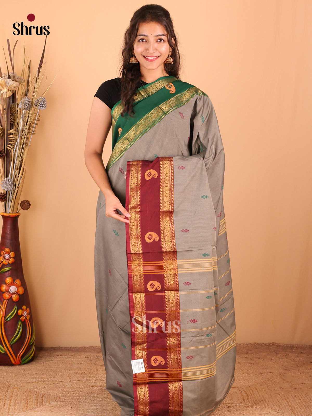 Grey with Maroon - DDS18347 - Chettinad Mix Cotton Saree - Shop on Shrus.com