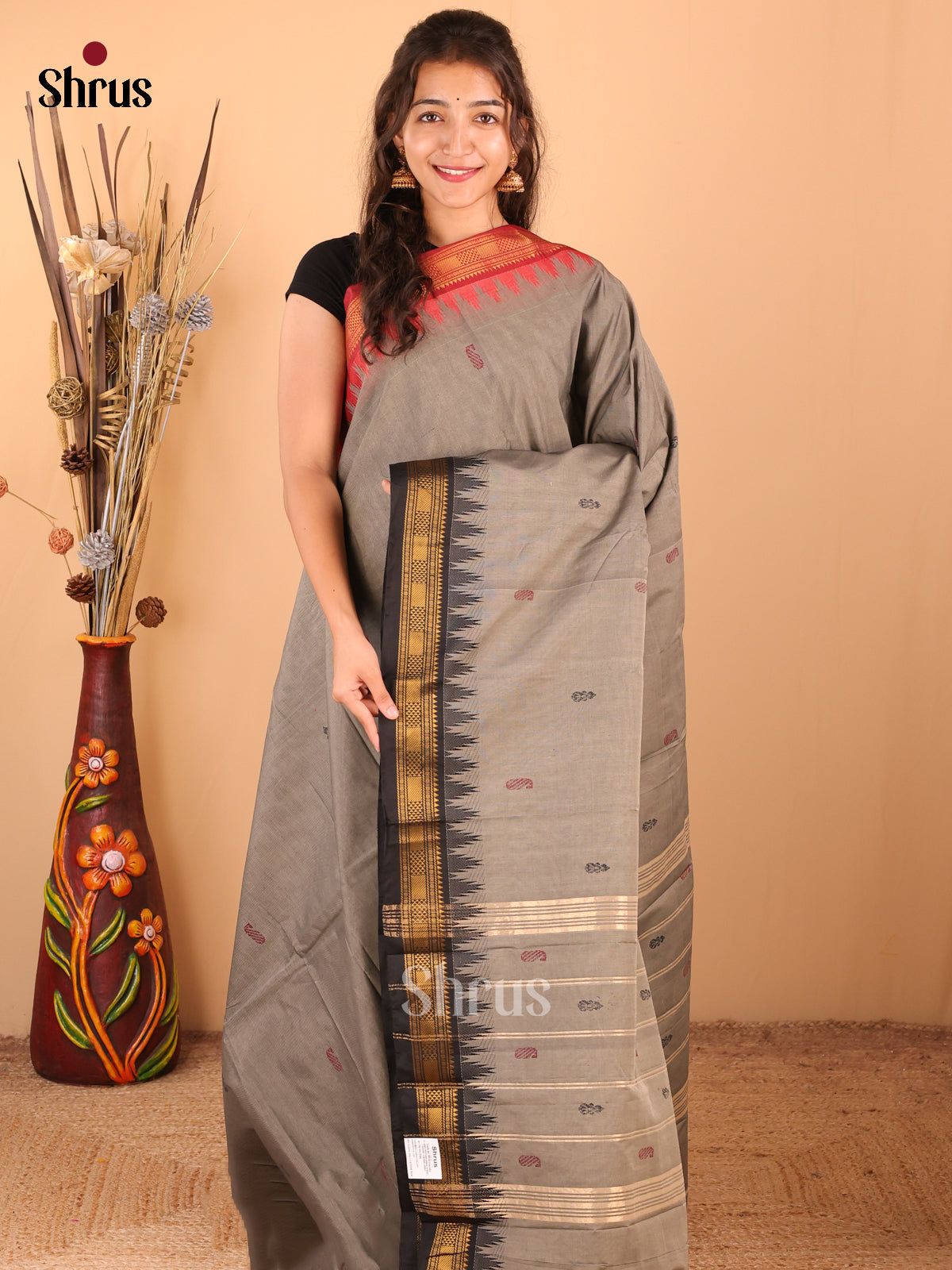 Grey with Black - DDS18350 - Chettinad Mix Cotton Saree - Shop on Shrus.com
