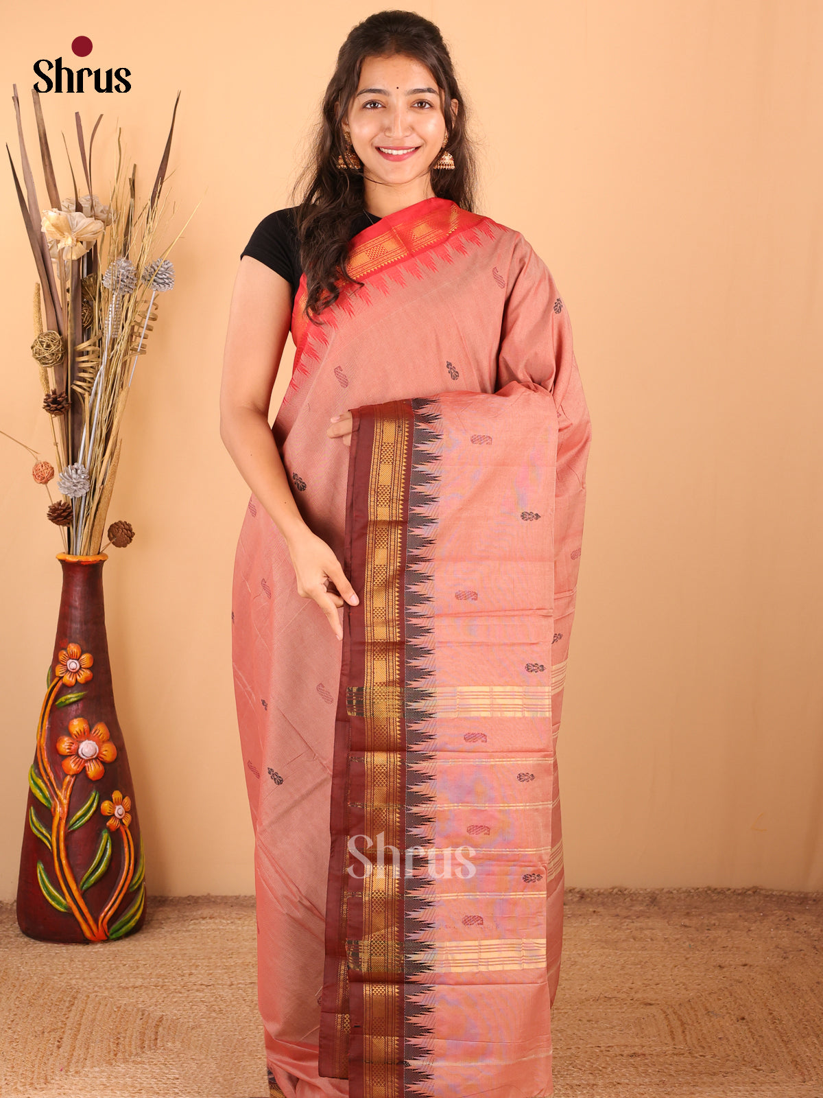 Dusty Pink with Brown - DDS18353 - Chettinad Mix Cotton Saree - Shop on Shrus.com