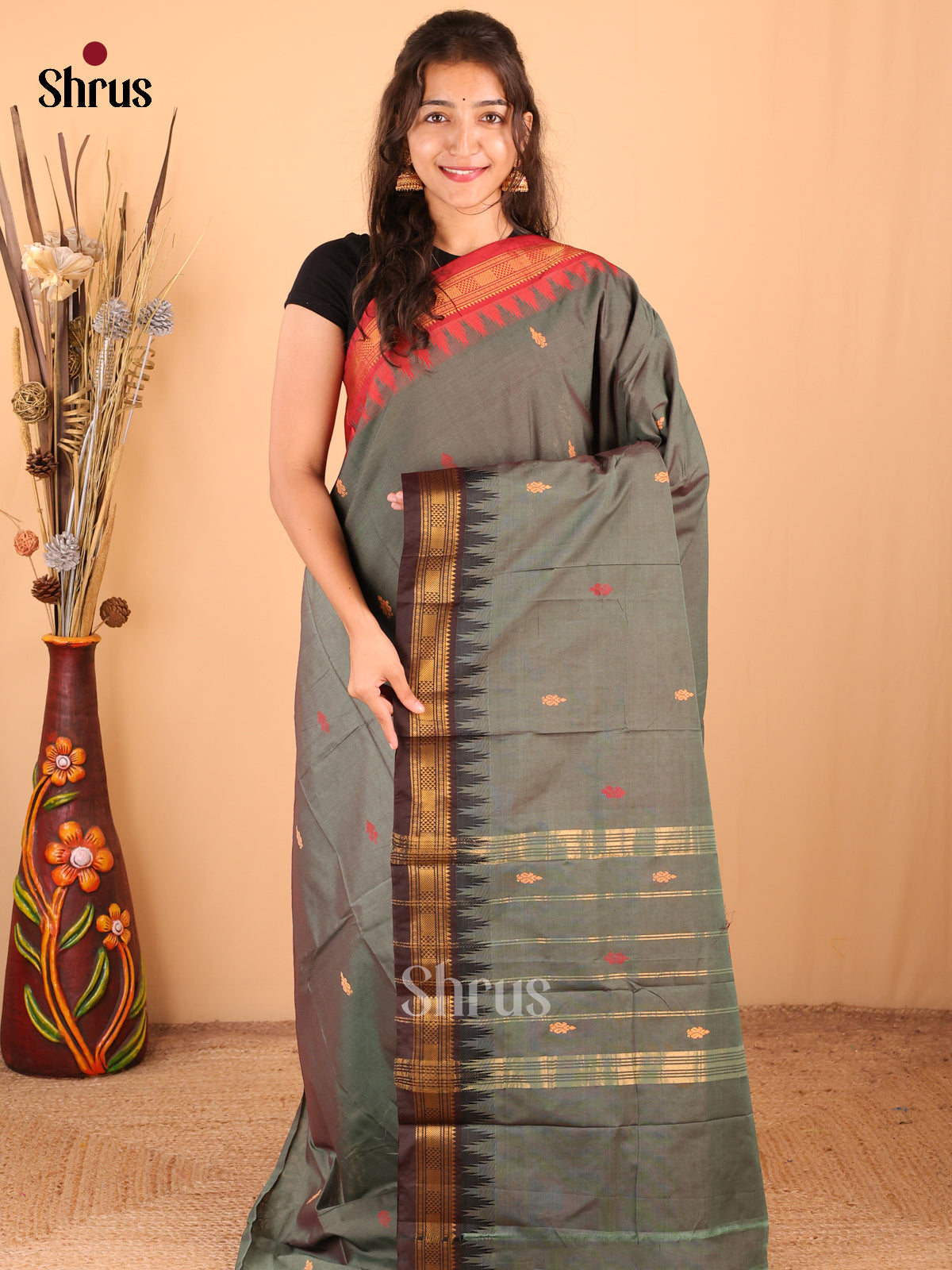Grey with Black - DDS18355 - Chettinad Mix Cotton Saree - Shop on Shrus.com