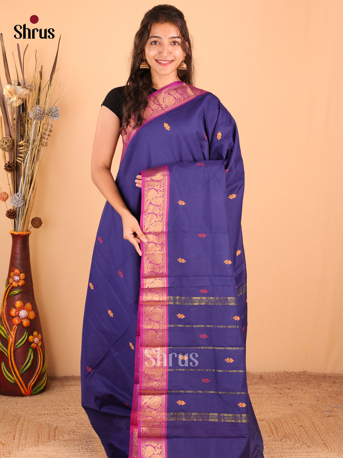 Blue with Purple - DDS18357 - Chettinad Mix Cotton Saree - Shop on Shrus.com