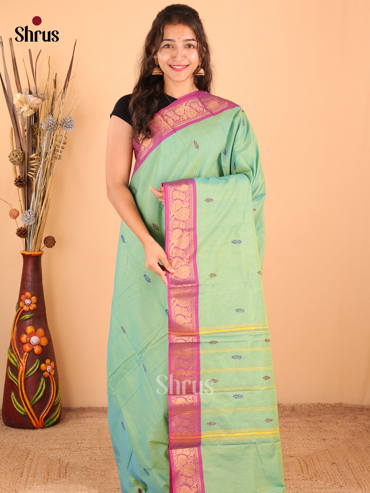 Pastel Green with Purple -DDS18362 - Chettinad Mix Cotton Saree - Shop on Shrus.com