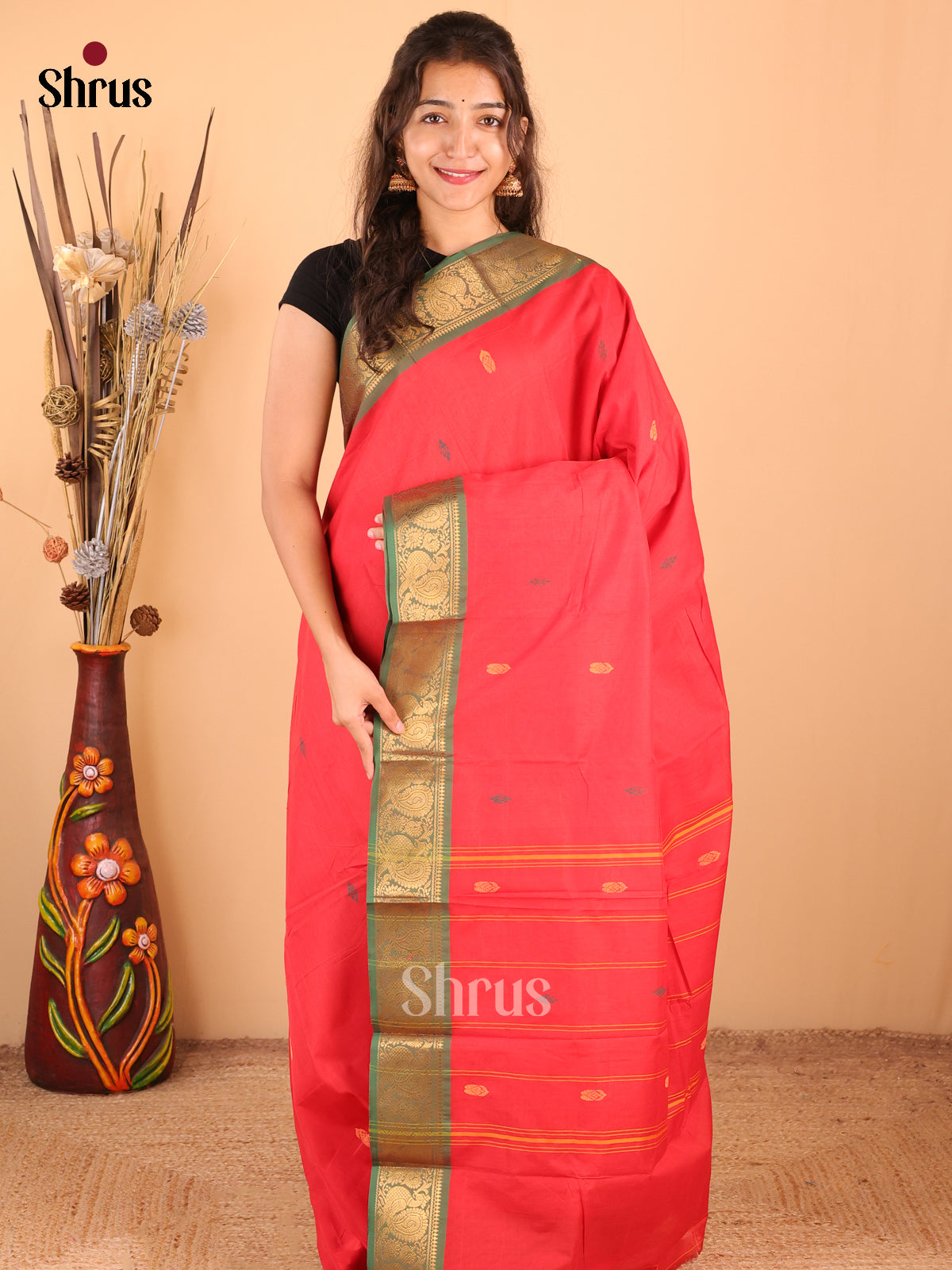 Red with Green - DDS18363 - Chettinad Mix Cotton Saree - Shop on Shrus.com