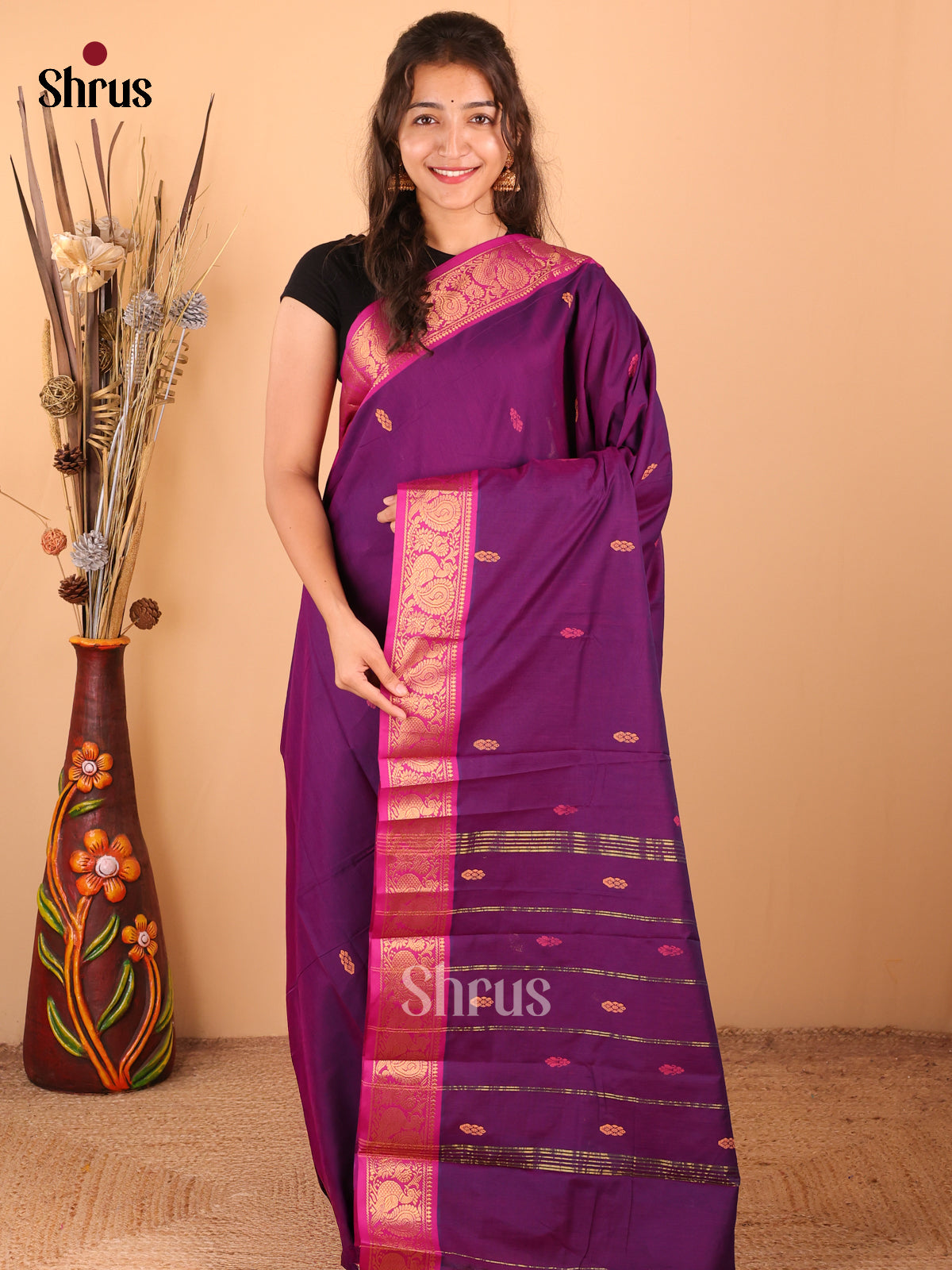 Violet with Pink- DDS18365 - Chettinad Mix Cotton Saree - Shop on Shrus.com