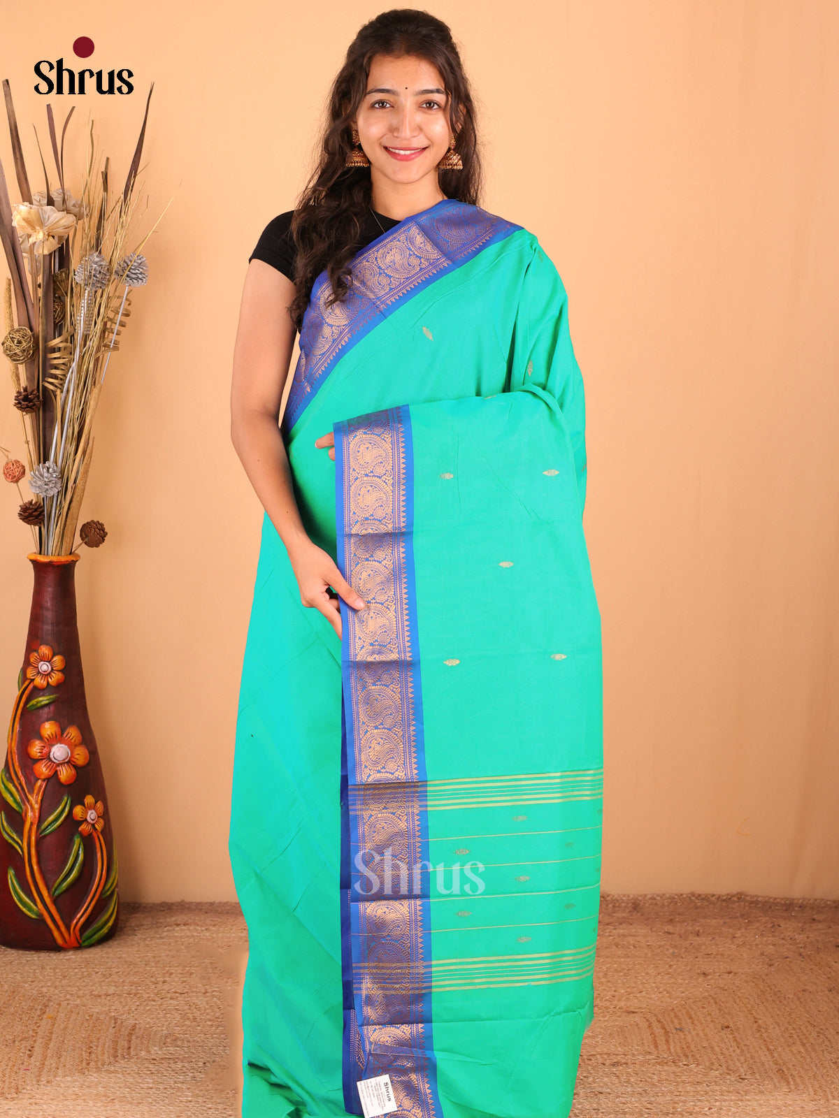 Green with Blue - DDS18371 - Chettinad Mix Cotton Saree - Shop on Shrus.com