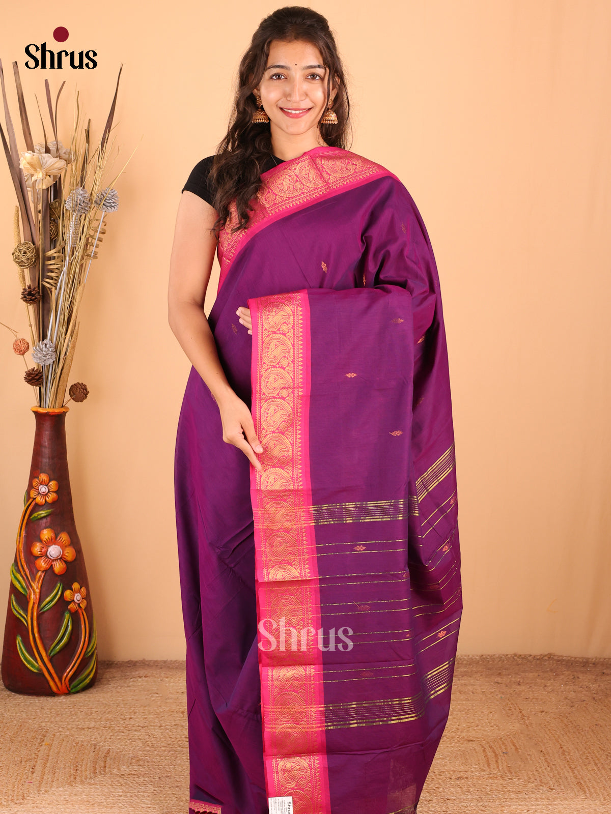 Violet with Pink - DDS18374 - Chettinad Mix Cotton Saree - Shop on Shrus.com