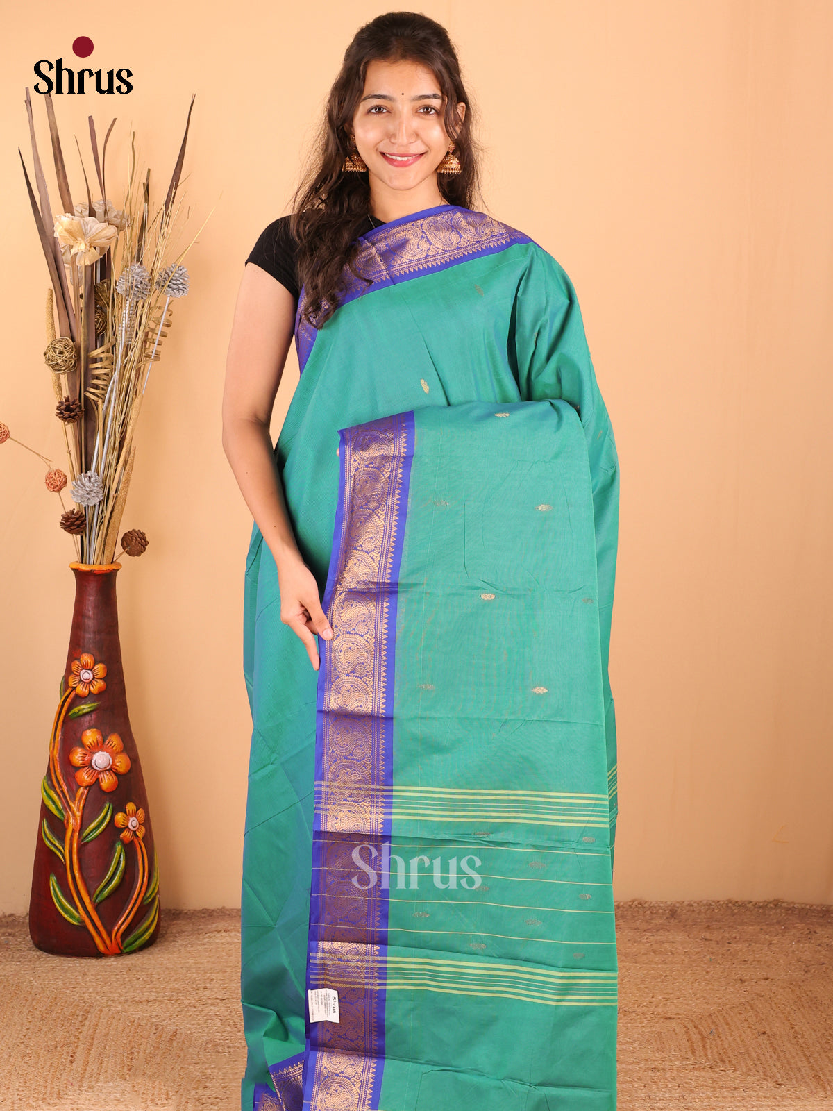 Green with Blue - DDS18376 - Chettinad Mix Cotton Saree - Shop on Shrus.com
