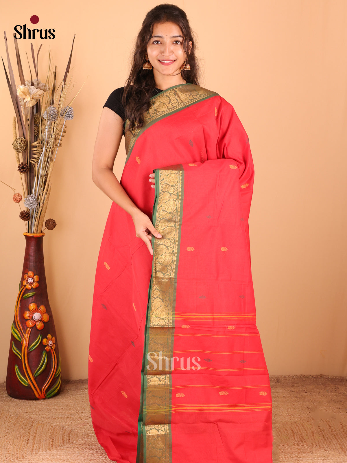 Red with Green - DDS18378 - Chettinad Mix Cotton Saree - Shop on Shrus.com