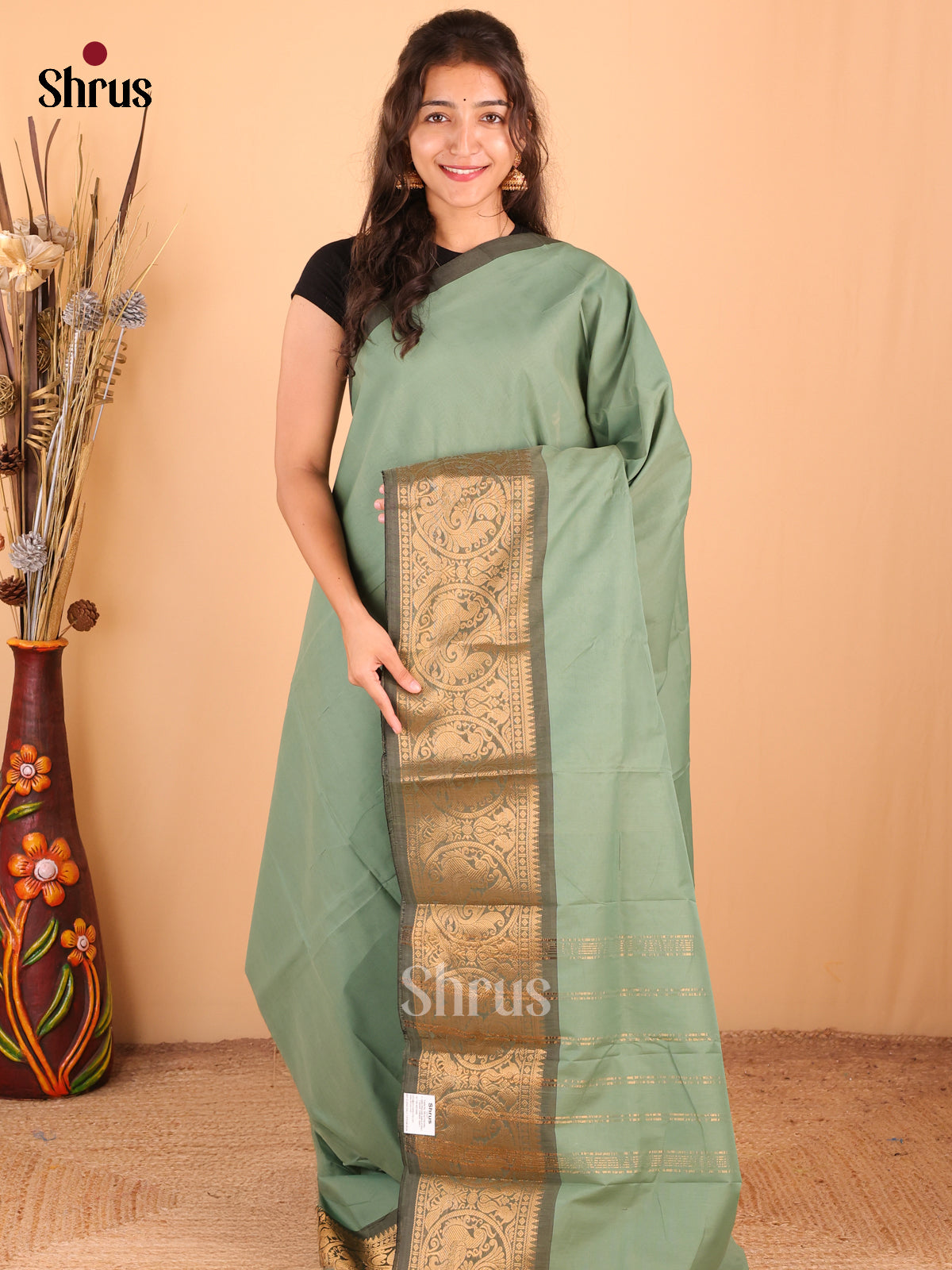 Pastel Green with Green -DDS18382 - Chettinad Mix Cotton Saree - Shop on Shrus.com