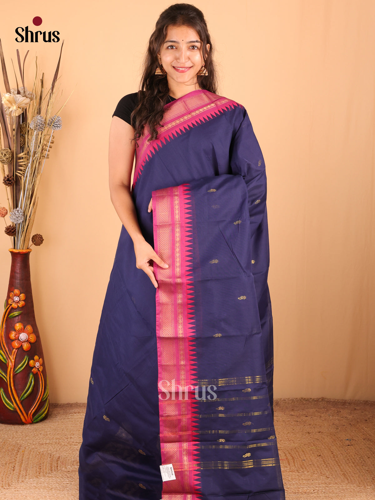 Blue with Pink - DDS18384 - Chettinad Mix Cotton Saree - Shop on Shrus.com