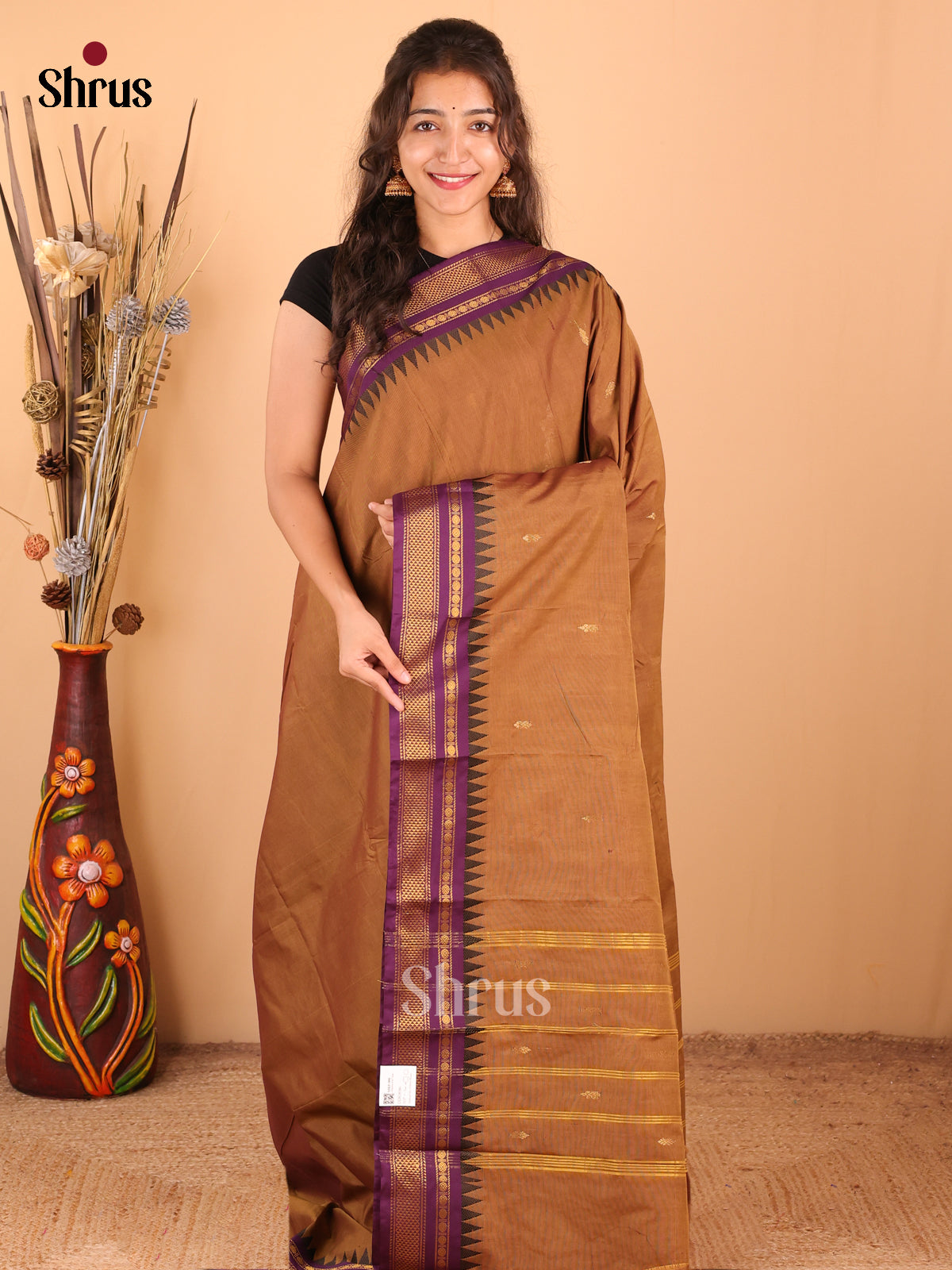 Brown with Purple -DDS18386 - Chettinad Mix Cotton Saree - Shop on Shrus.com