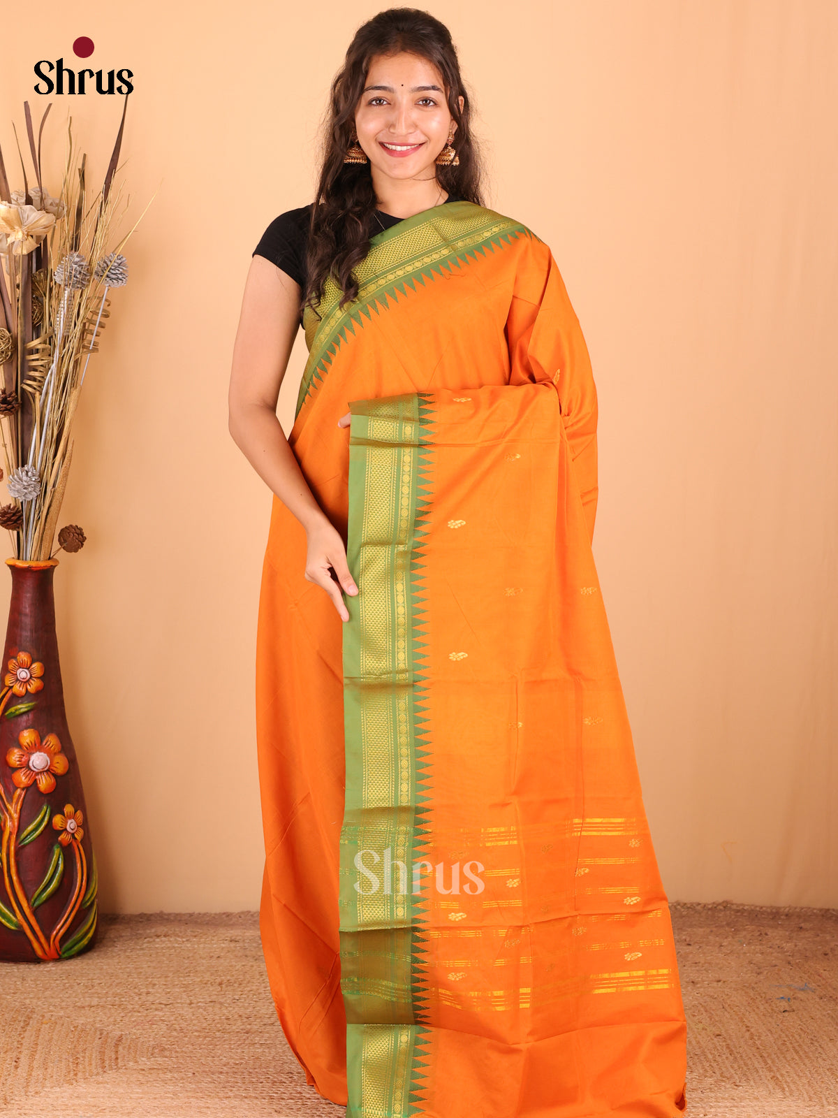 Orange with Green - DDS18387 - Chettinad Mix Cotton Saree - Shop on Shrus.com