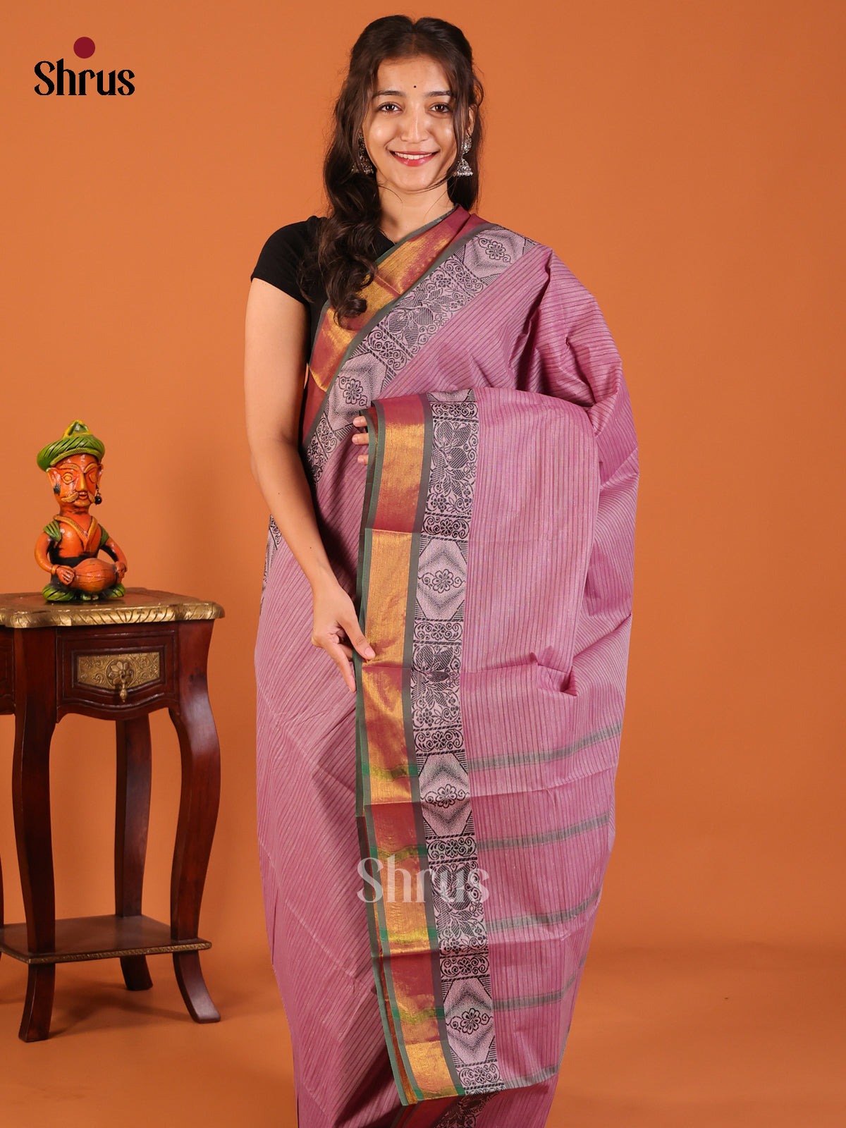 Purple with Green- South Cotton Saree - Shop on Shrus.com