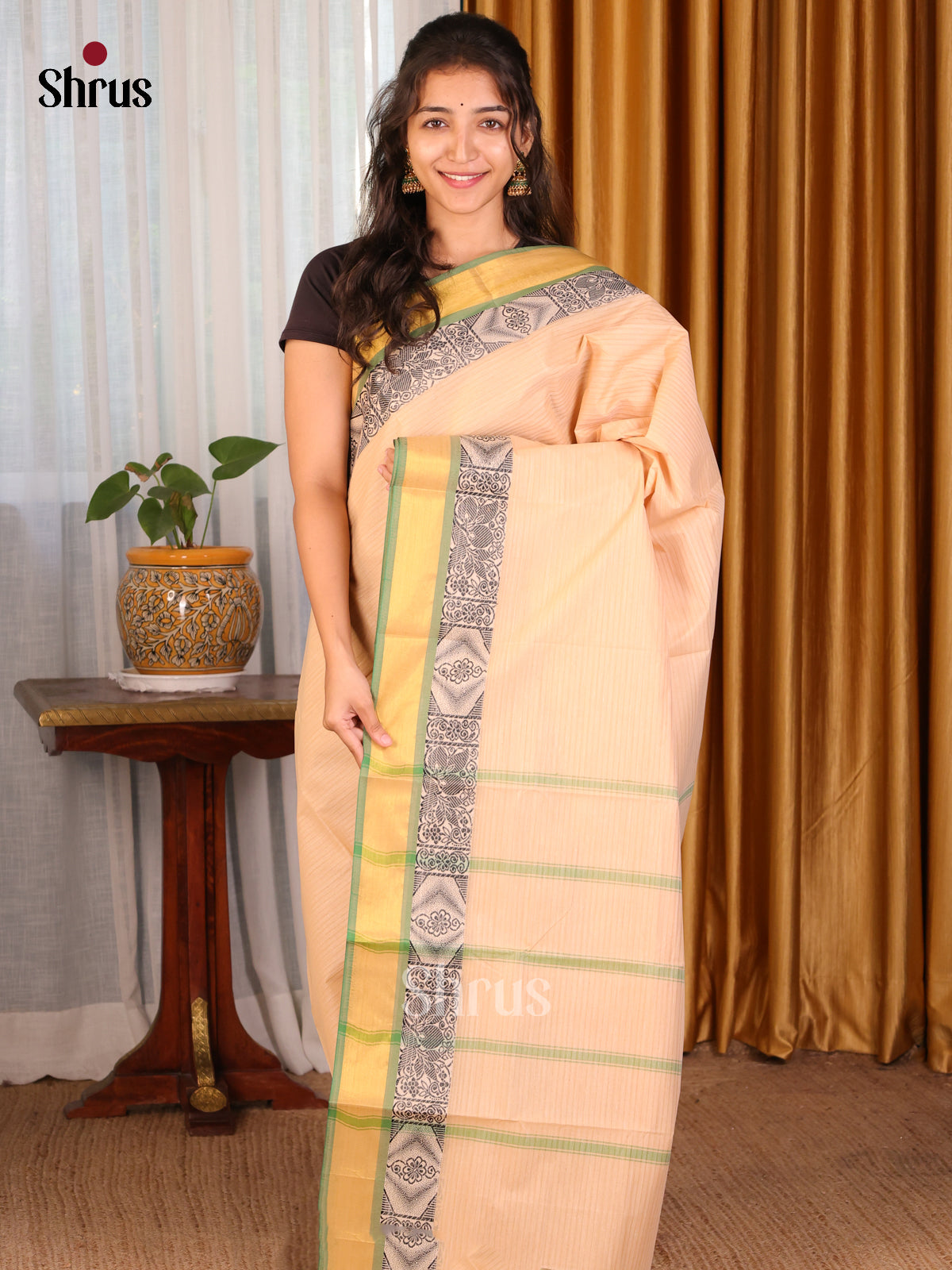 Peach with Green - DDS21286 - South Cotton Saree - Shop on Shrus.com