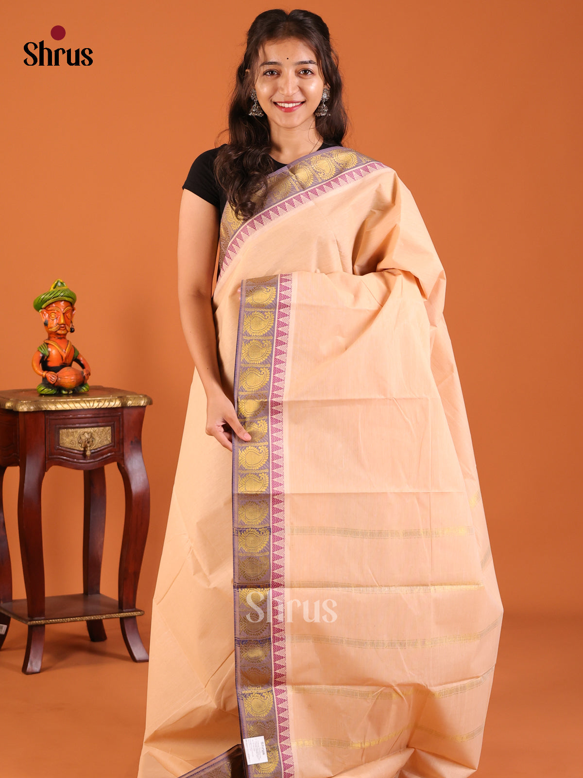 Peach with Purple- South Cotton Saree - Shop on Shrus.com