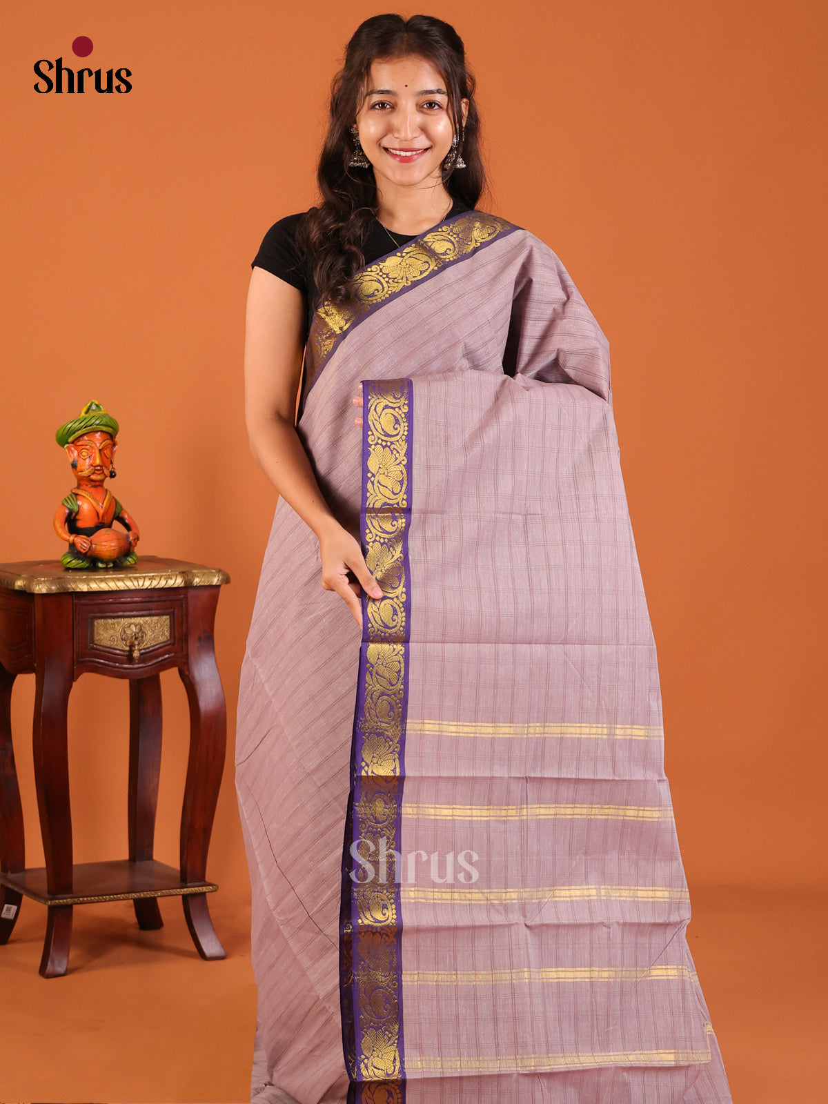 Grey with Violet - South Cotton Saree - Shop on Shrus.com