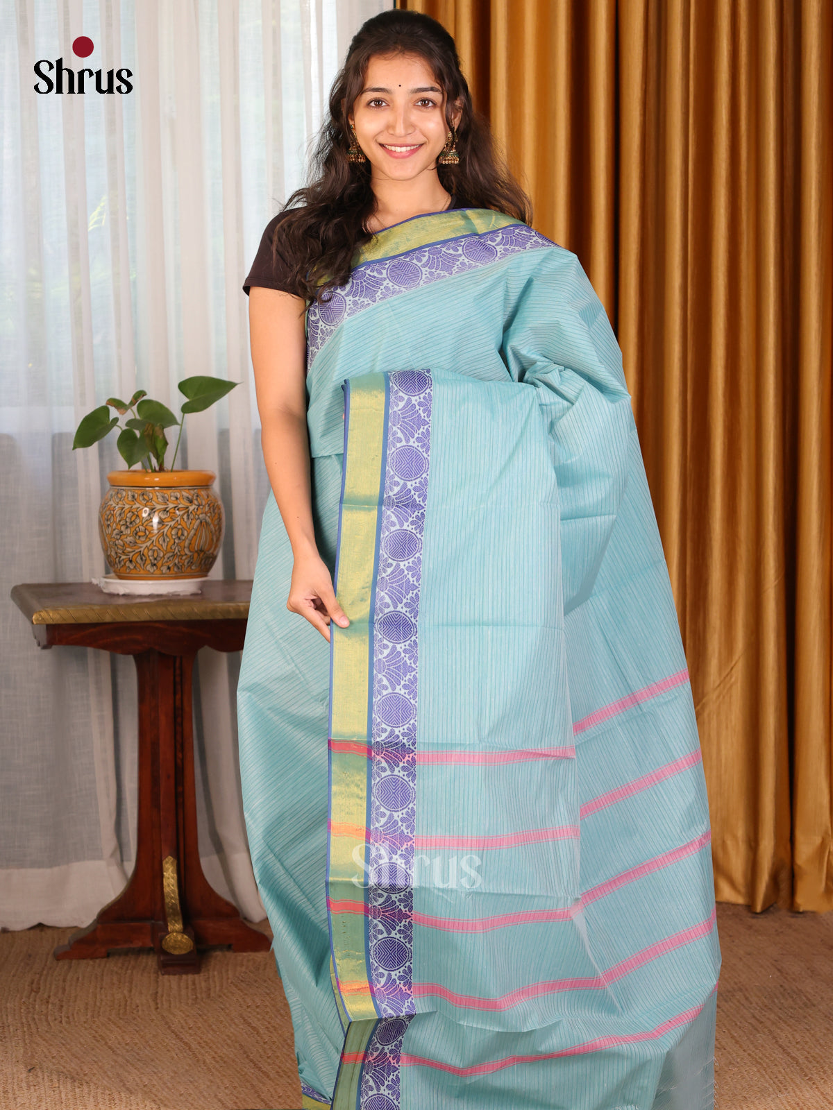 Pastel Blue - DDS21296 - South Cotton Saree - Shop on Shrus.com