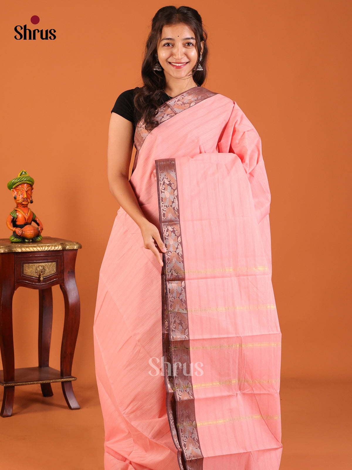 Pink with Brown - South Cotton Saree - Shop on Shrus.com
