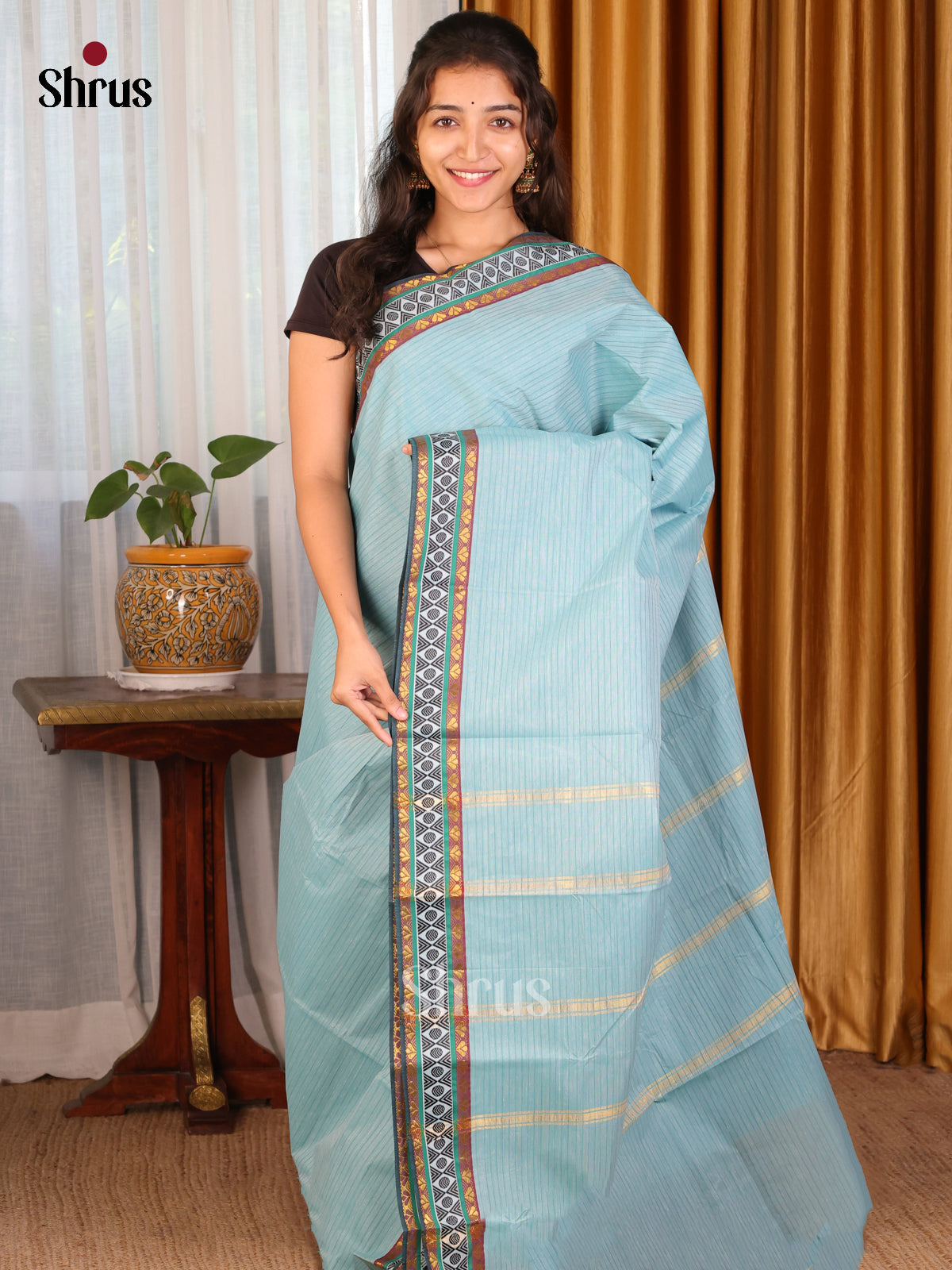 Pastel Blue - South Cotton Saree - Shop on Shrus.com