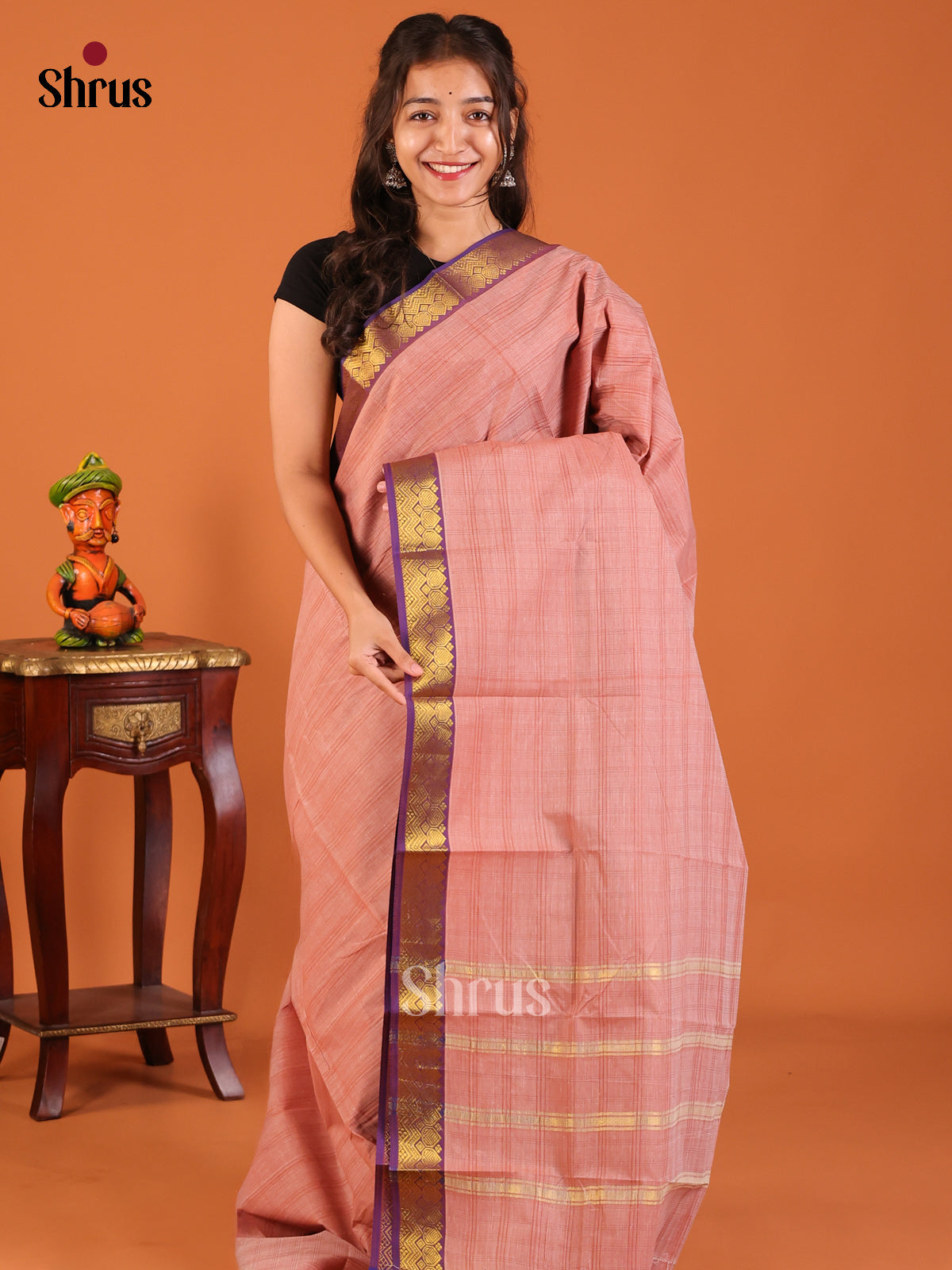 Dusty Brown with Violet - South Cotton Saree - Shop on Shrus.com