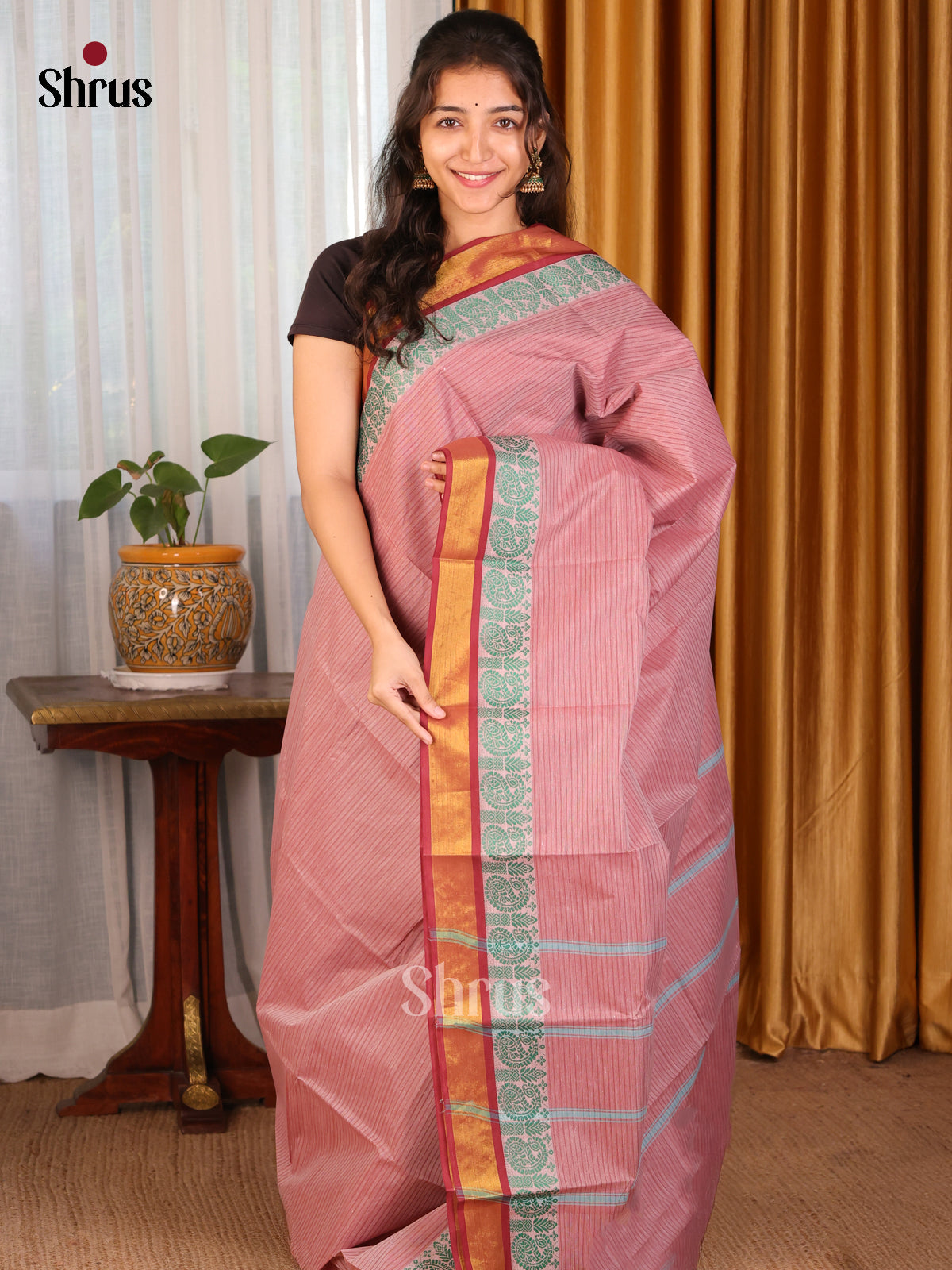 Dusty Pink with Red - South Cotton Saree - Shop on Shrus.com