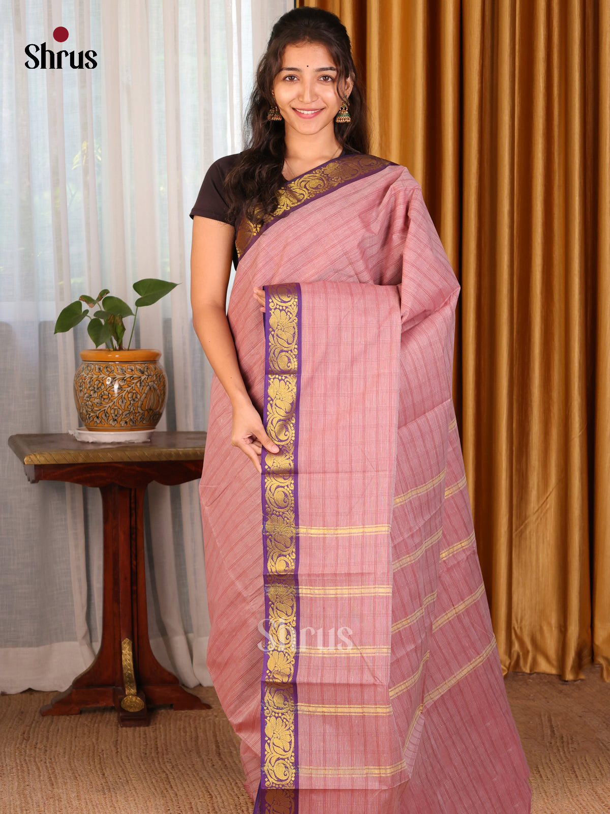 Dusty Pink with Violet - South Cotton Saree - Shop on Shrus.com