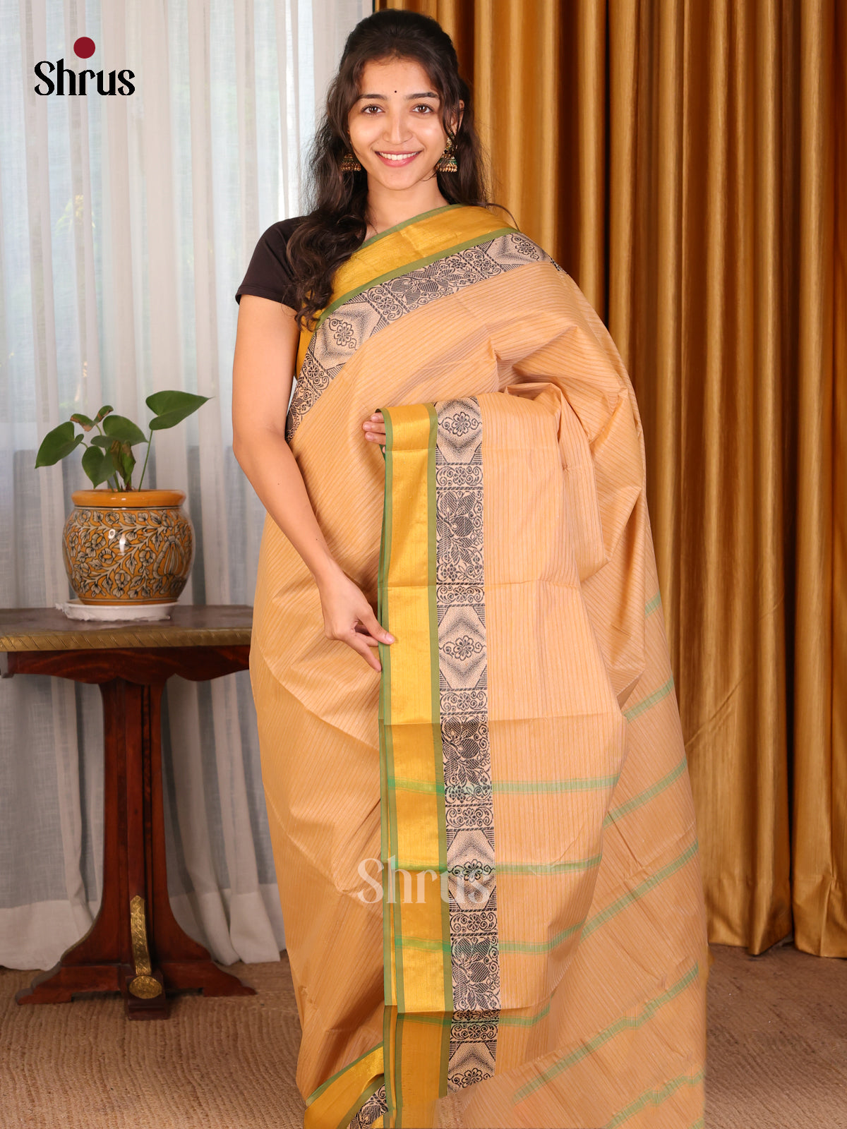 Peach with Green - South Cotton Saree - Shop on Shrus.com