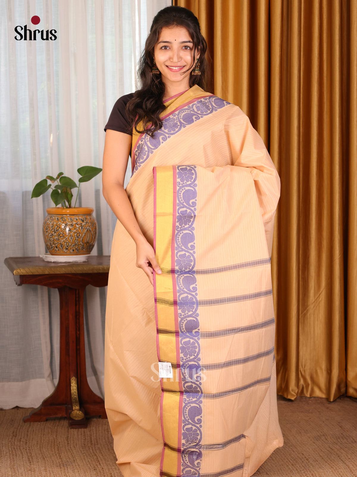 Peach with Purple - South Cotton Saree - Shop on Shrus.com
