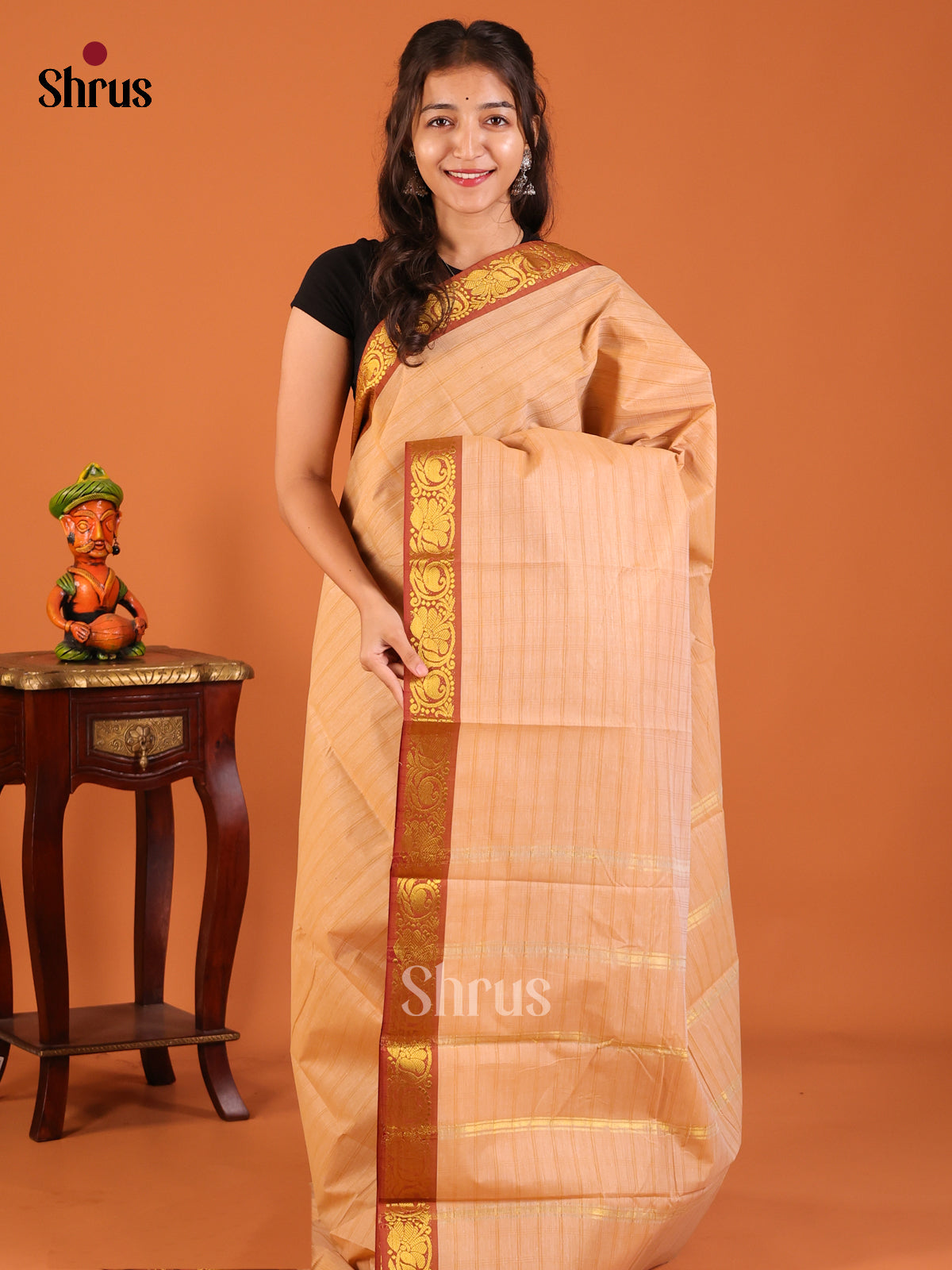 Peach with Brown - South Cotton Saree - Shop on Shrus.com