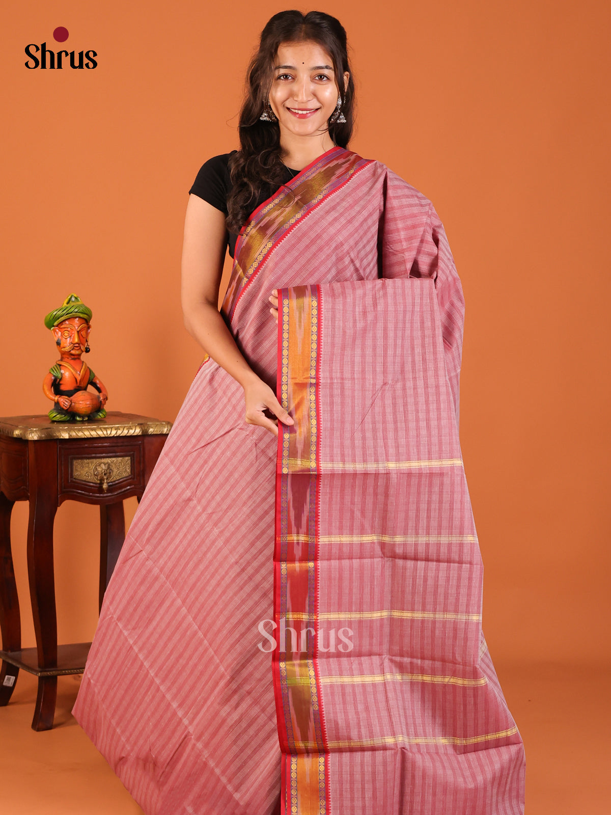 Dusty Pink with Red - South Cotton Saree - Shop on Shrus.com