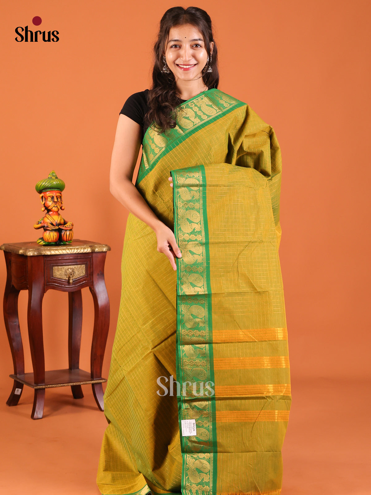 Double shaded Green with Green- Chettinad Mix Cotton Saree - Shop on Shrus.com