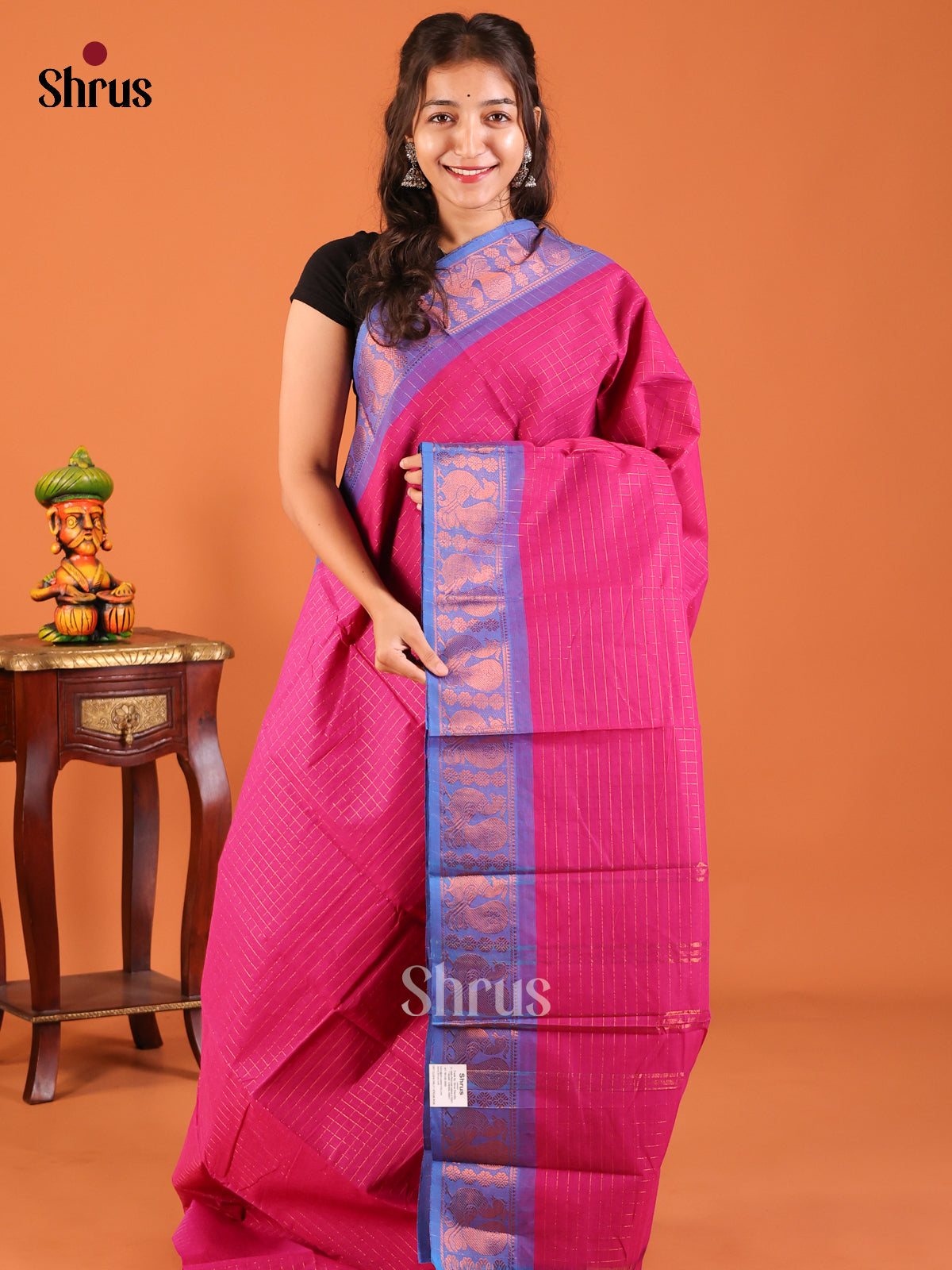 Pink with Blue - Chettinad Mix Cotton Saree - Shop on Shrus.com