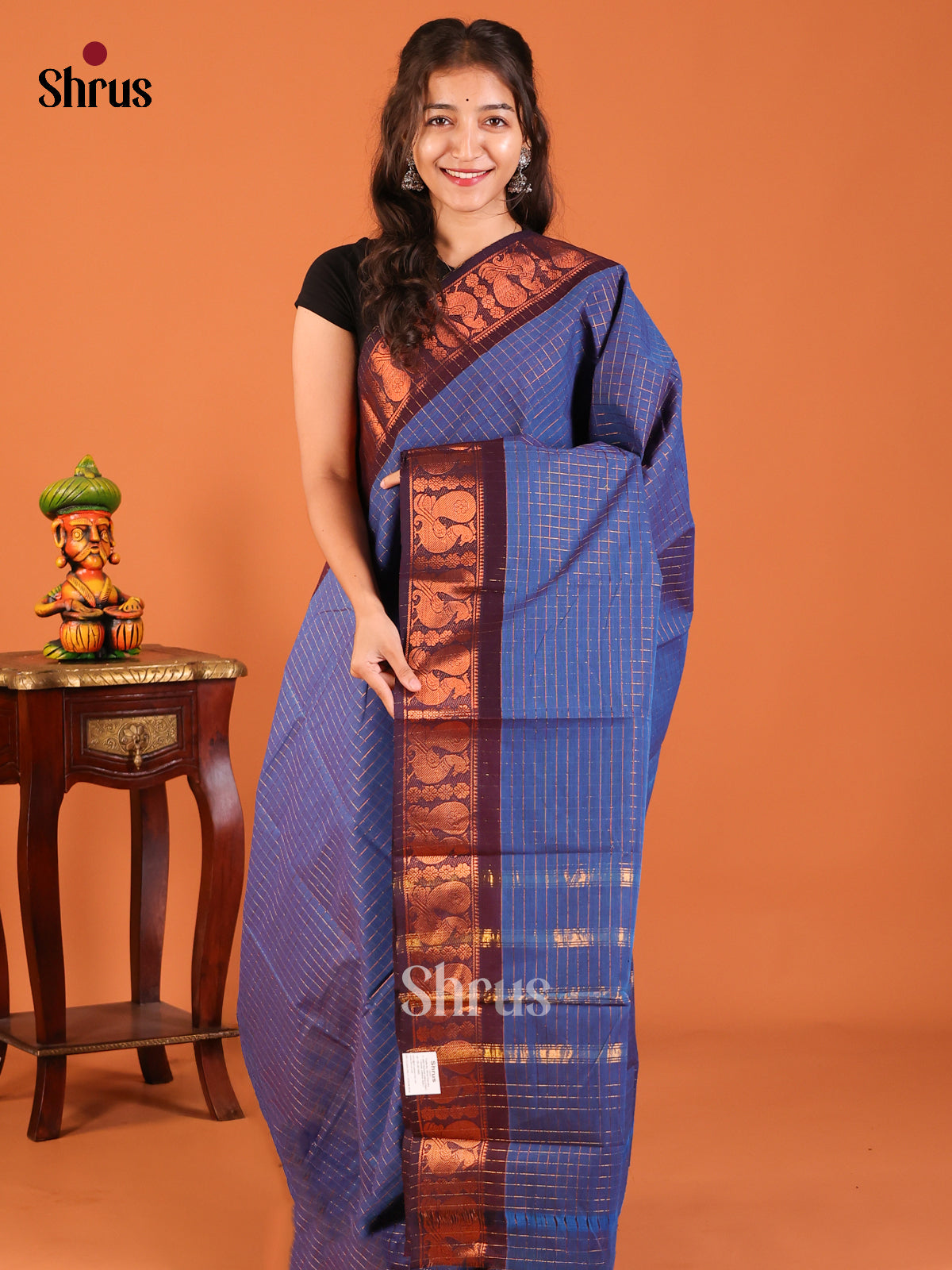 Blue with Brown - Chettinad Mix Cotton Saree - Shop on Shrus.com