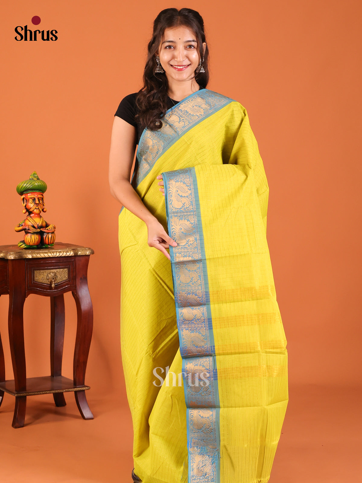 Mustard Green with Blue- Chettinad Mix Cotton Saree - Shop on Shrus.com