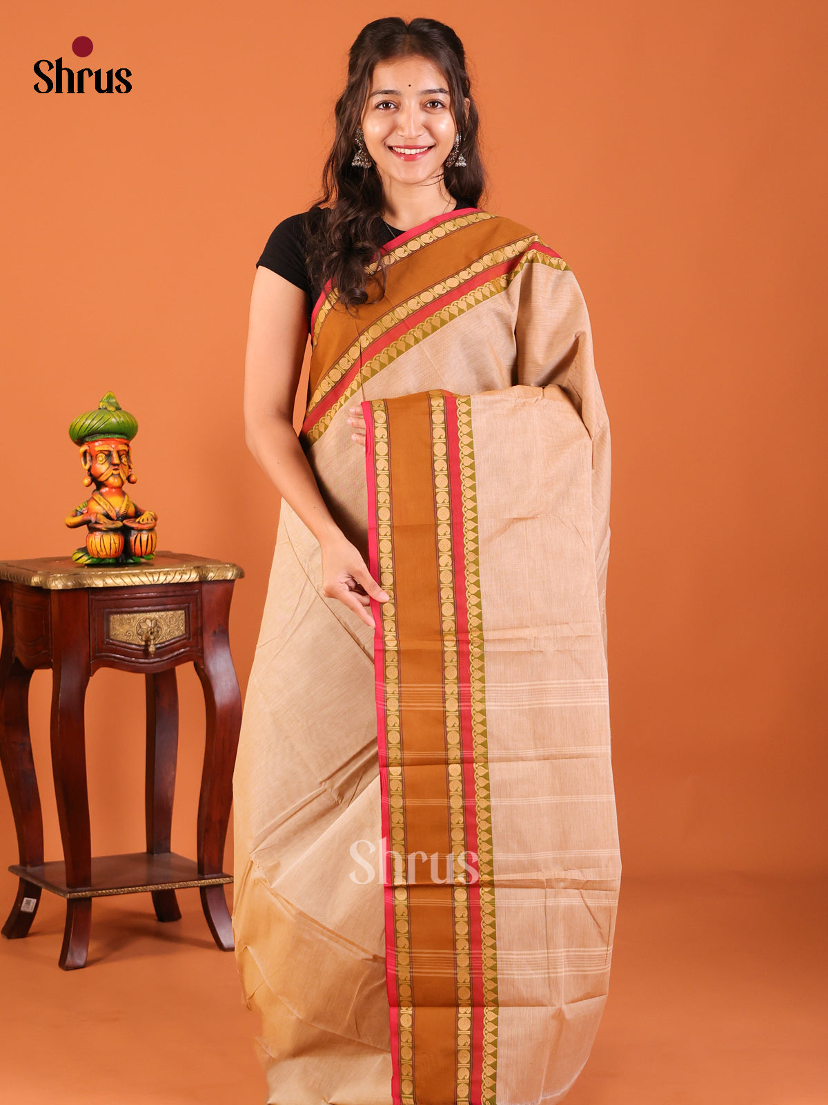 Peach with Red- Chettinad Mix Cotton Saree - Shop on Shrus.com