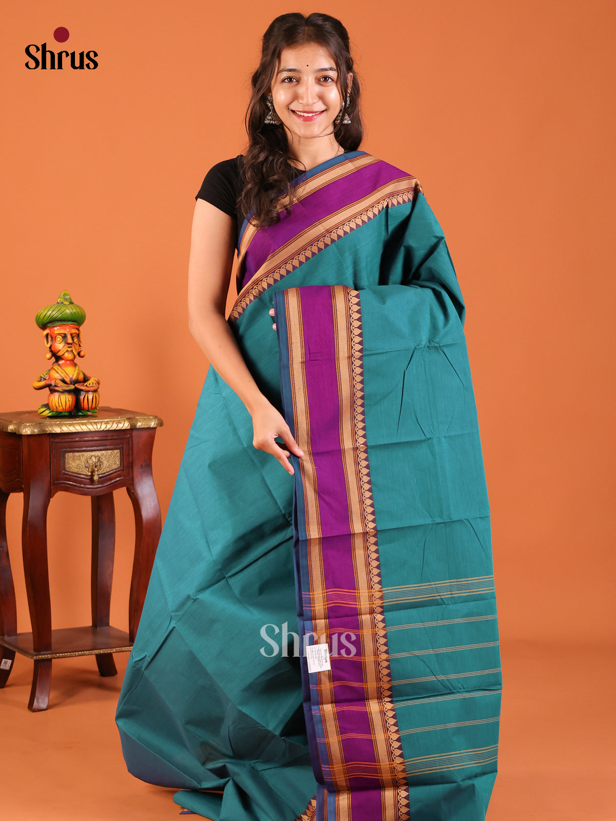 Teal with Purple - Chettinad Mix Cotton Saree - Shop on Shrus.com