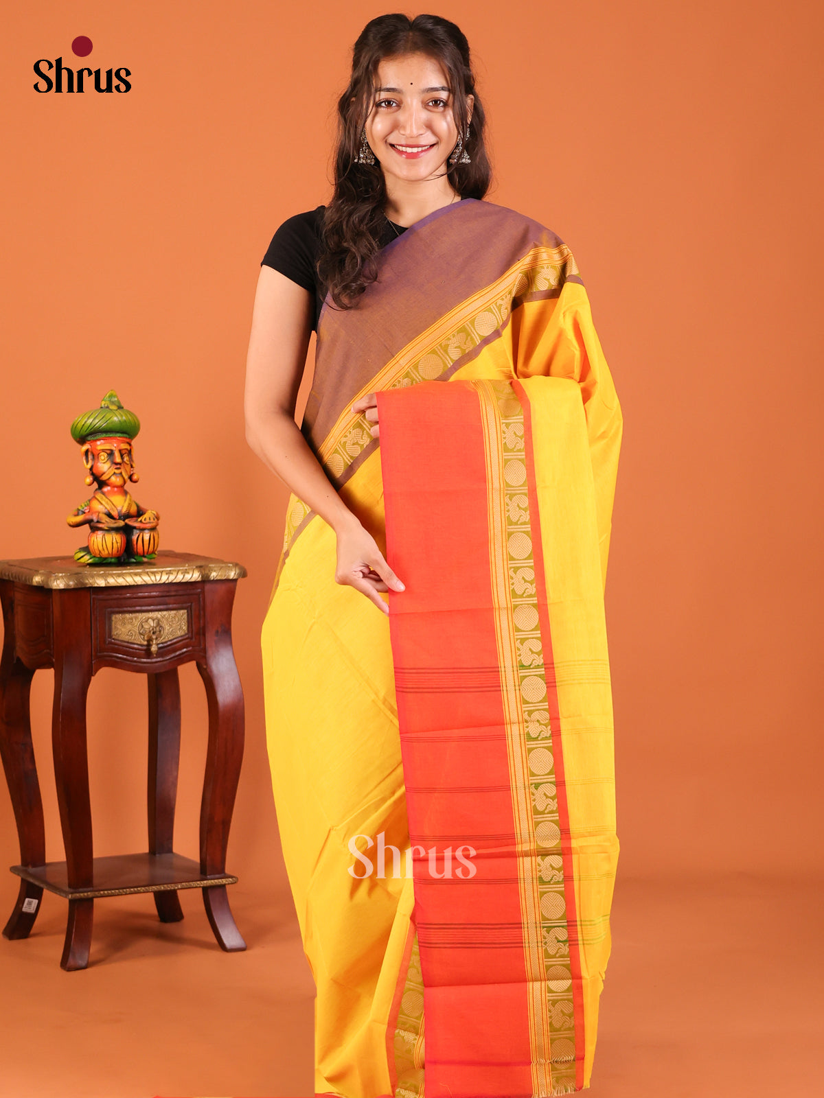 Yellow with Red - Chettinad Mix Cotton Saree - Shop on Shrus.com