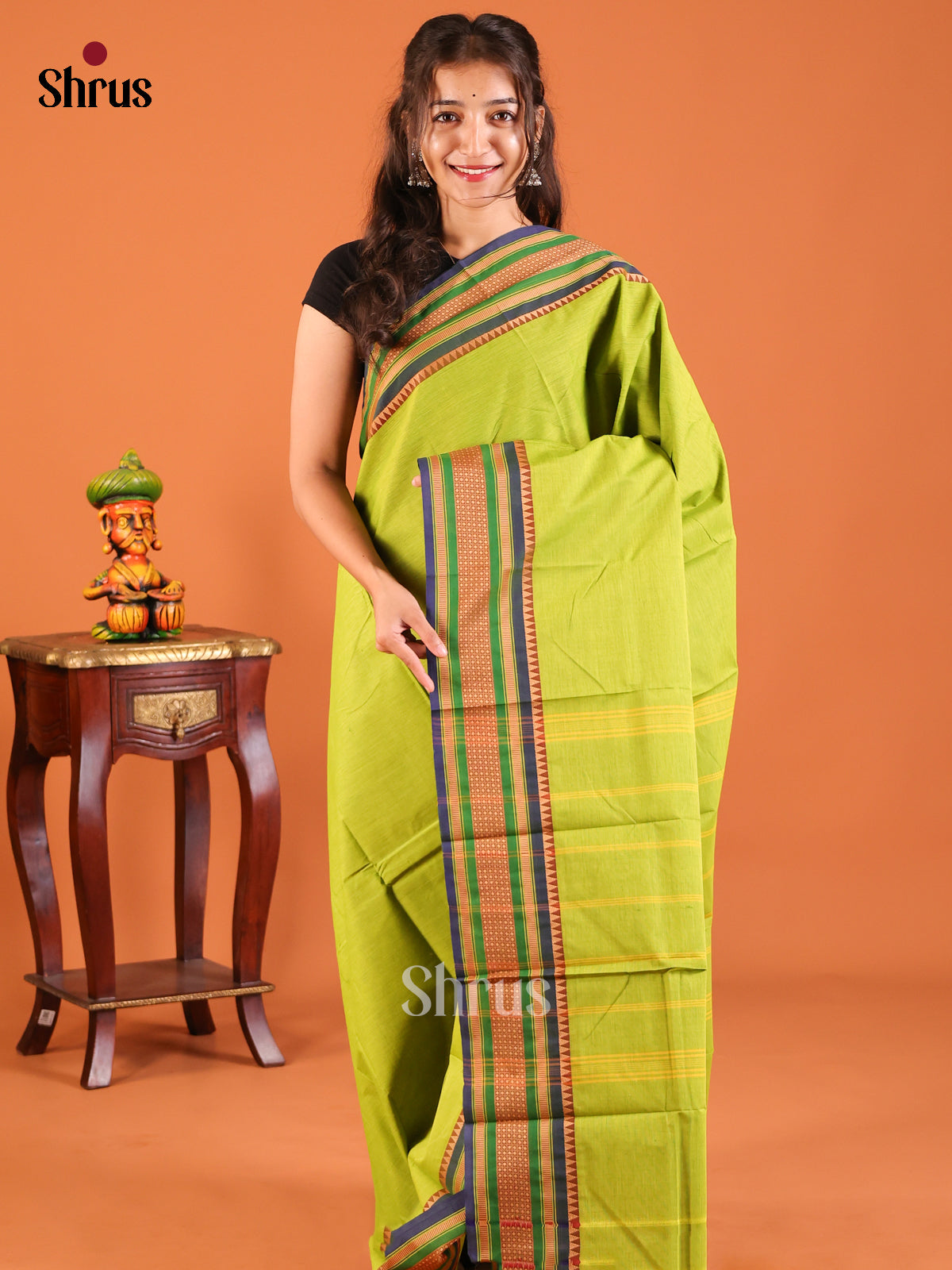 Lime Gree with Purple - Chettinad Mix Cotton Saree - Shop on Shrus.com