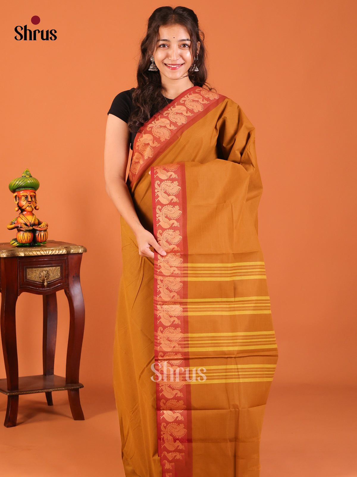 Mustard with Red- Chettinad Mix Cotton Saree - Shop on Shrus.com
