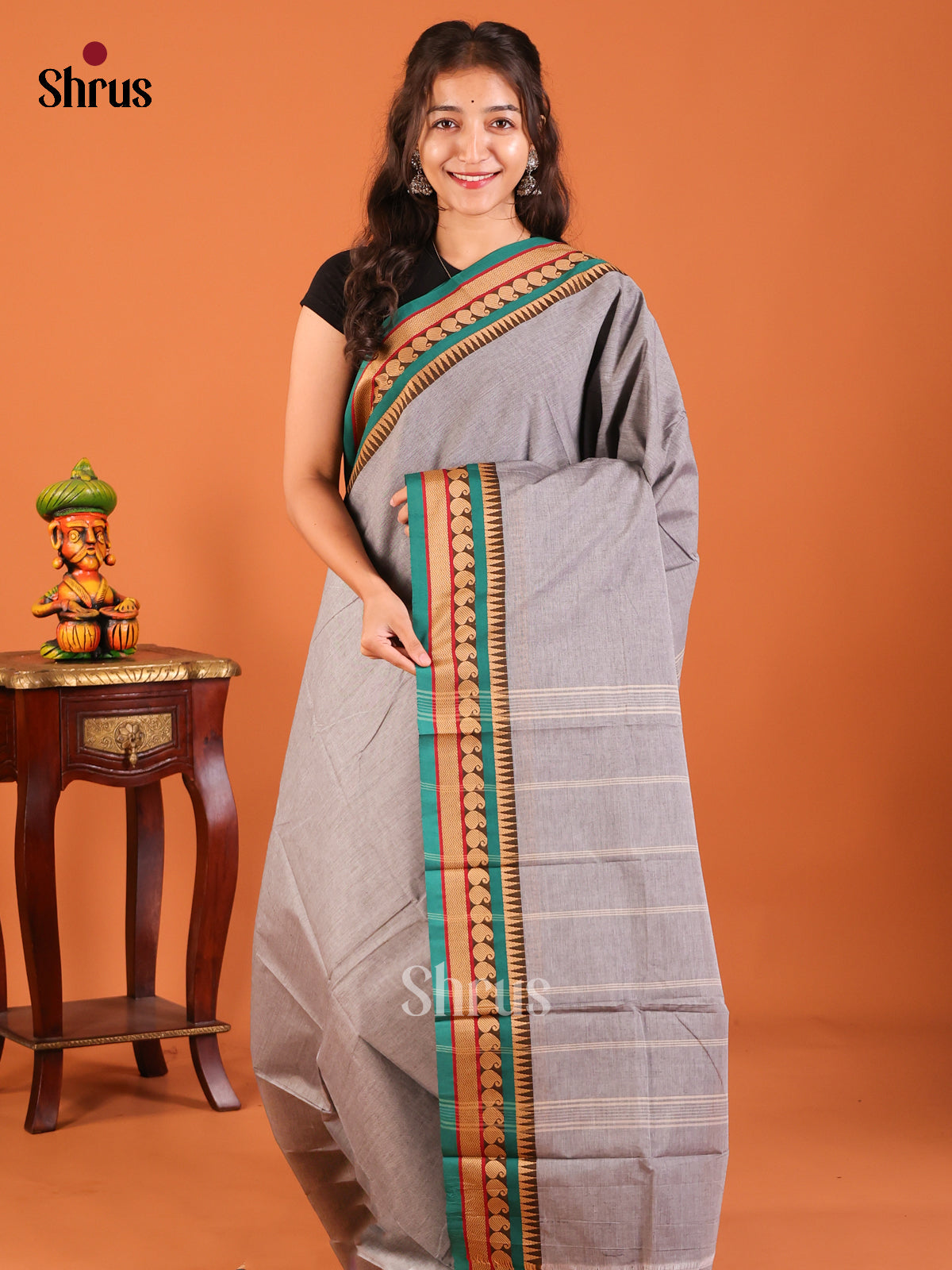 Grey with Green - Chettinad Mix Cotton Saree - Shop on Shrus.com