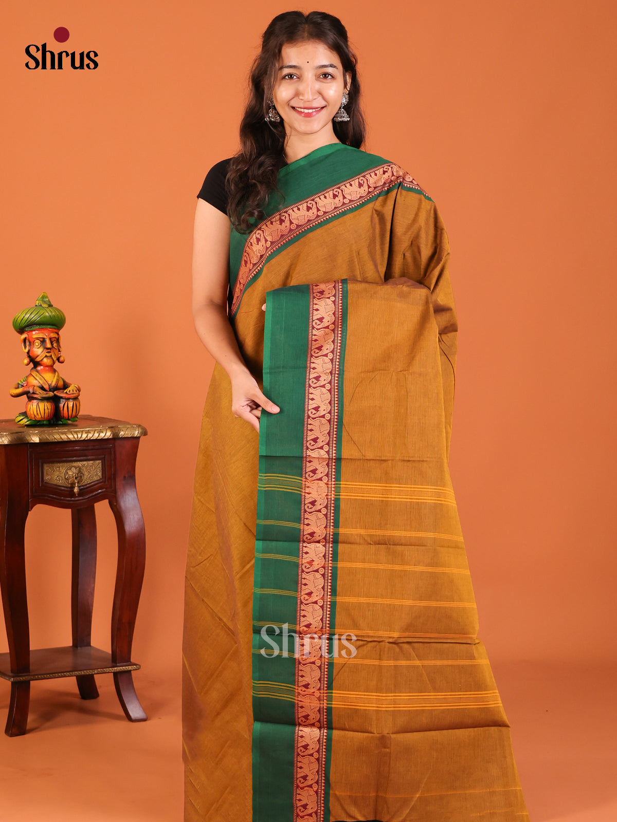 Mustard with Green - Chettinad Mix Cotton Saree - Shop on Shrus.com