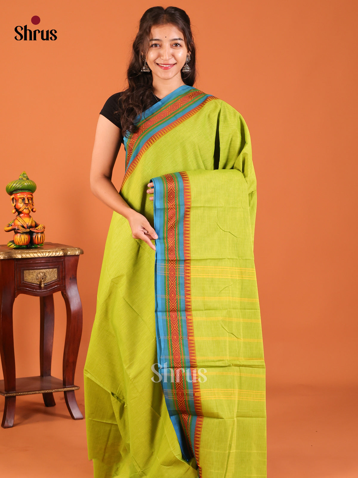 Lite Green with Blue- Chettinad Mix Cotton Saree - Shop on Shrus.com