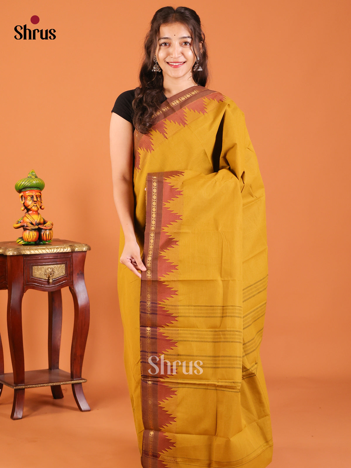 Mustardy Green with Brown - Chettinad Mix Cotton Saree - Shop on Shrus.com