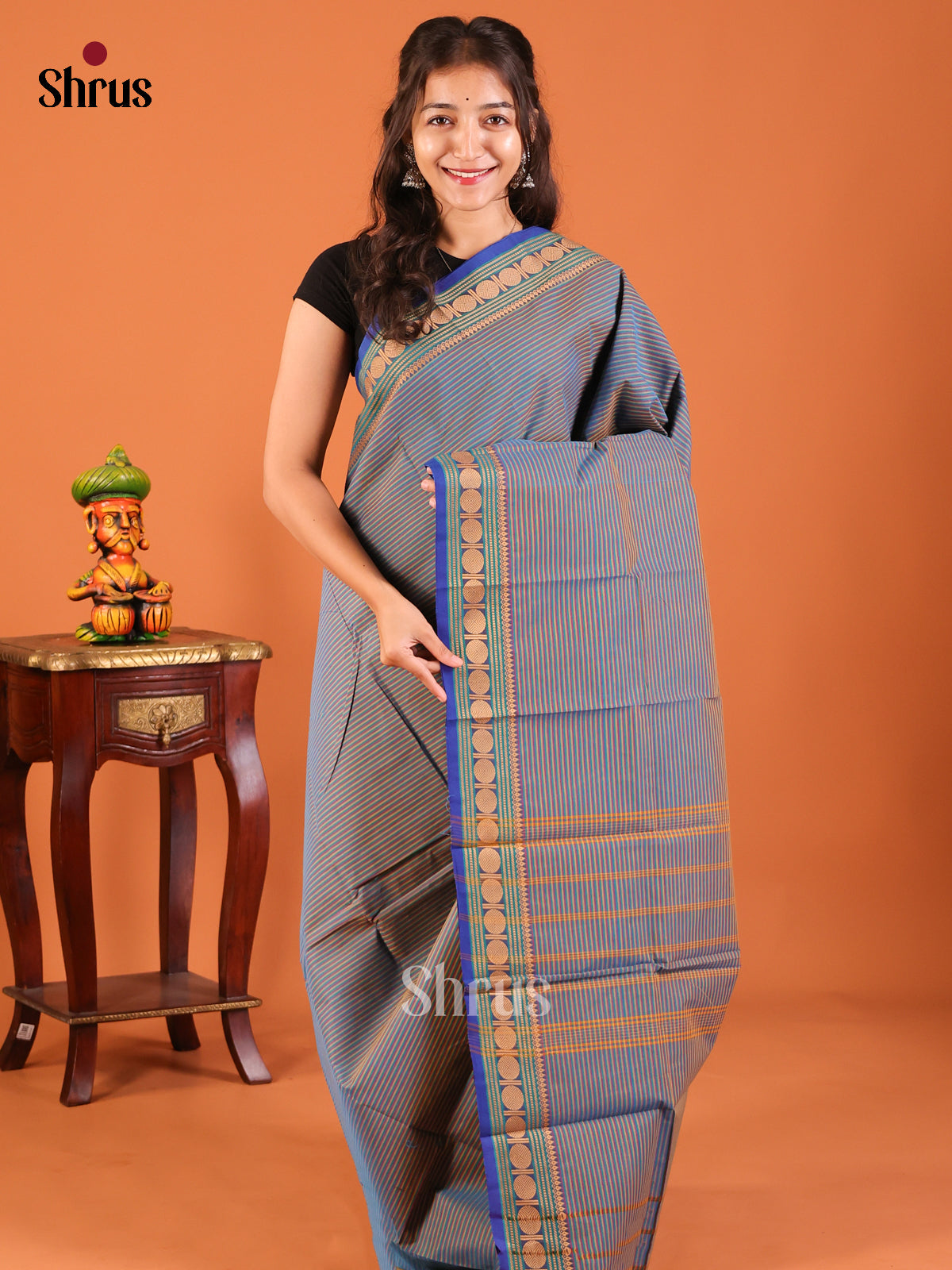Blue & Grey - Chettinad Mix Cotton Saree - Shop on Shrus.com