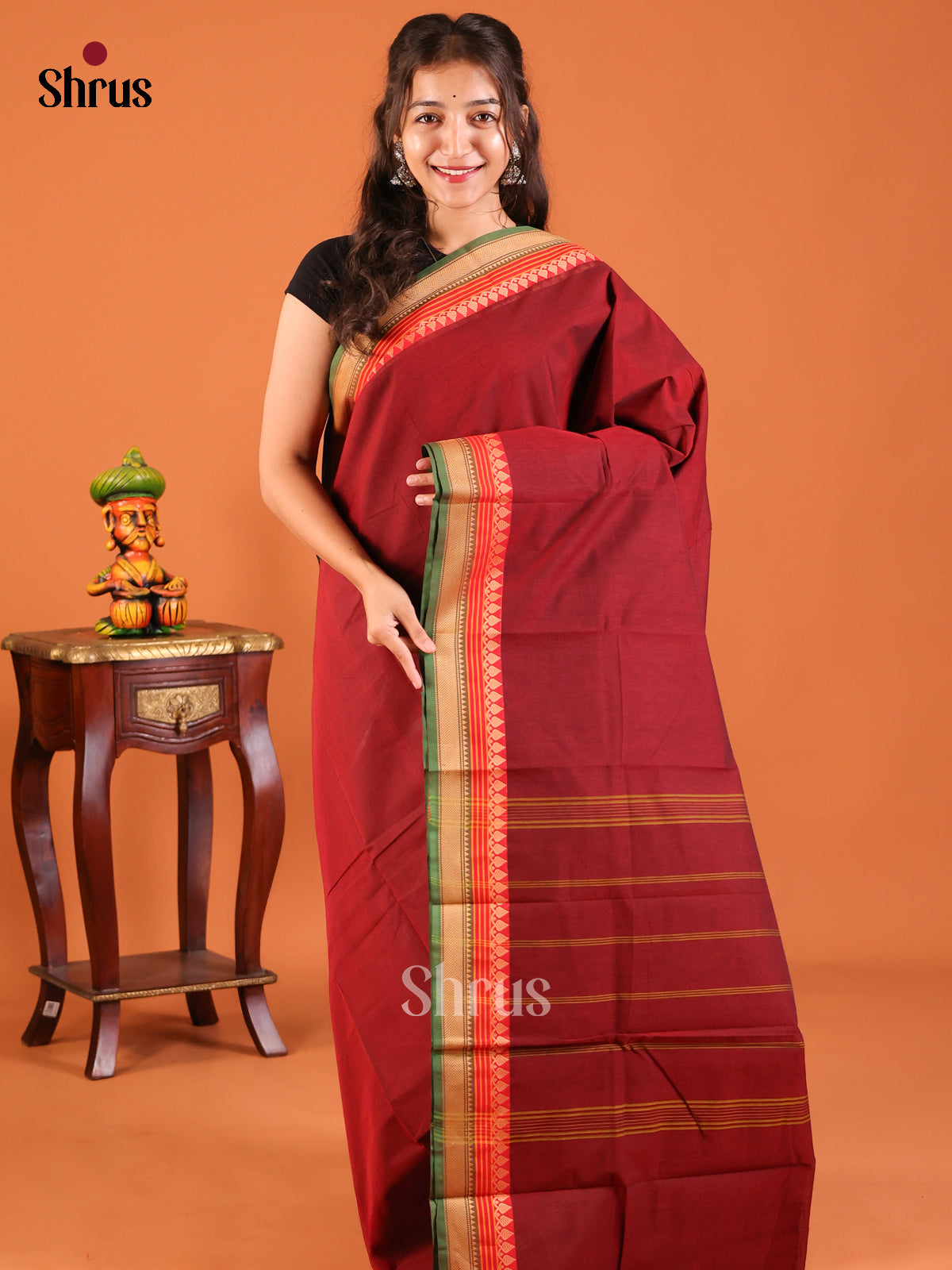 Maroon with Green - Chettinad Mix Cotton Saree - Shop on Shrus.com